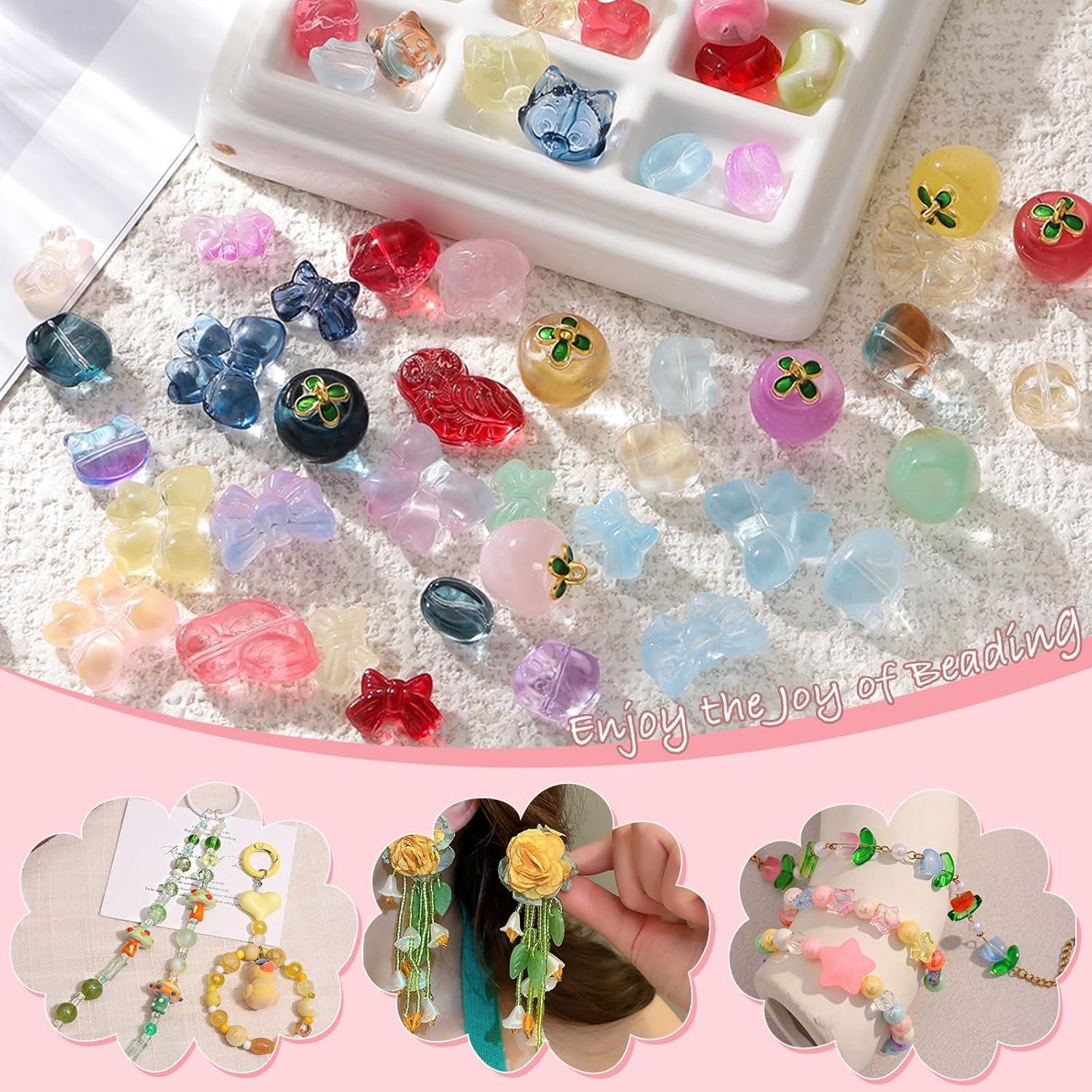 150-200Pcs Assorted Glass Beads for Jewelry Making Colorful Beads of Various Flower Butterfly Geometric Animal Bow Charms Crystal Loose Bead for Bracelet Necklace Earrings Pendant Crafts DIY - Image 5