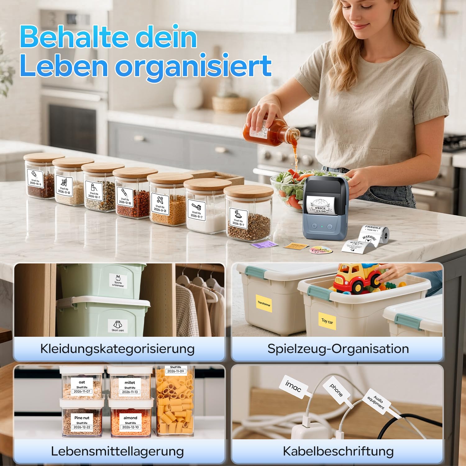Memoking Etikettendrucker, Etikettendrucker Selbstklebend Barcode Etikettendrucker für Einzelhandel, Büro und Zuhause Kompatibel mit iOS und Android für Heim, Büro