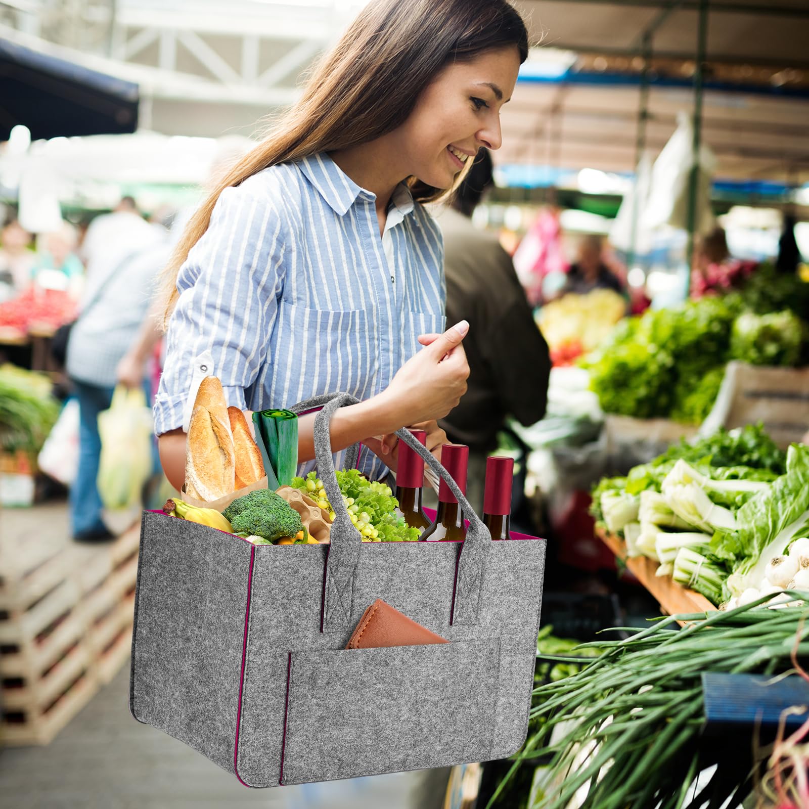 Eurhomewit Borsa in Feltro con Scomparto per Bottiglie, Cestino Pieghevole per la Borsa Shopper in Feltro/Borsa per Bottiglie/Borsa per Legna da Ardere (Magenta/1 Pezzo)