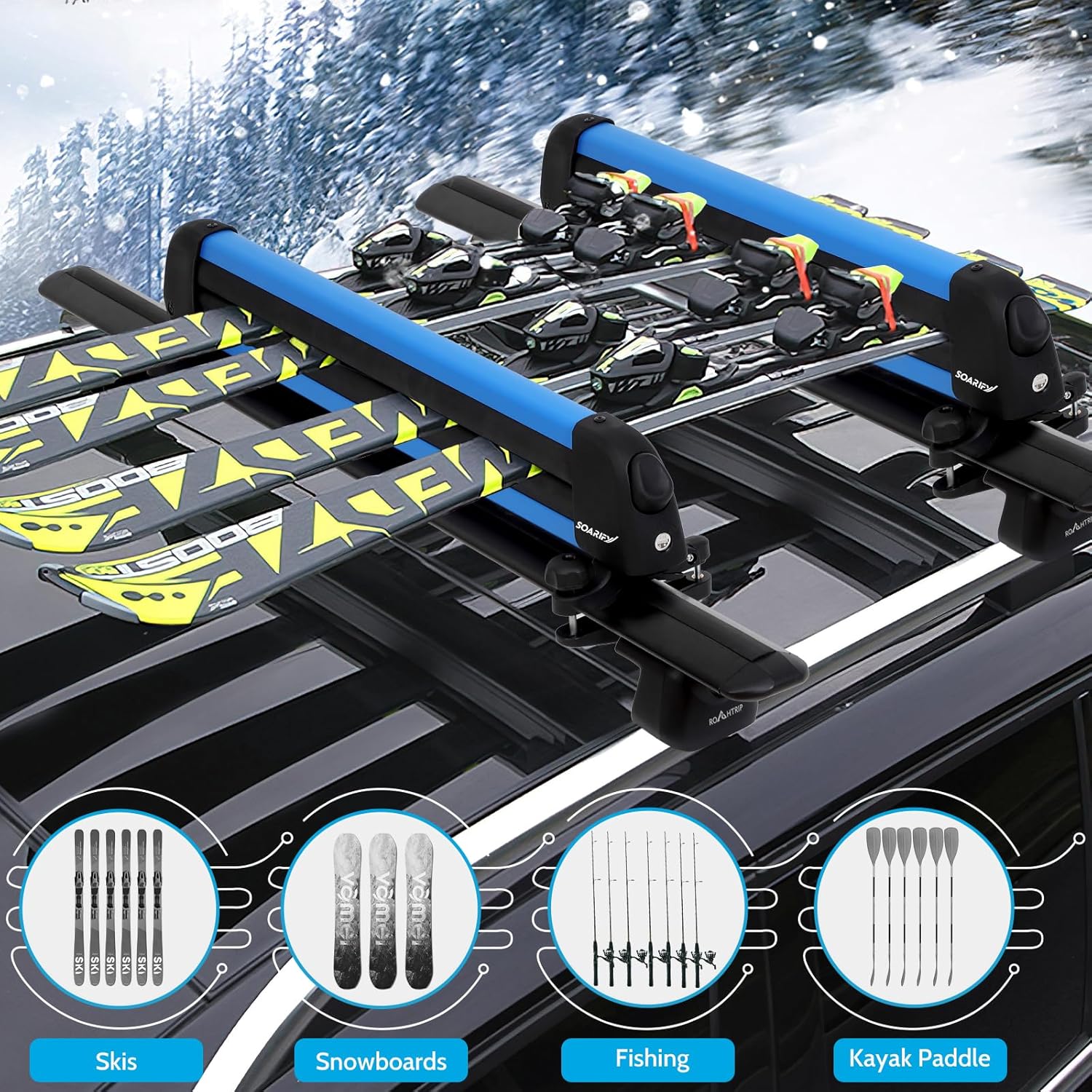2.0 Multi-Purpose Alumium blue Ski Rack with ski strap carrier, Roof Holder Carrier for Skis, Snowboards, Fishing Rods, Paddles, Skateboards, Wakeboard, Universal Mounting, Locking, Heavy Duty - Image 5