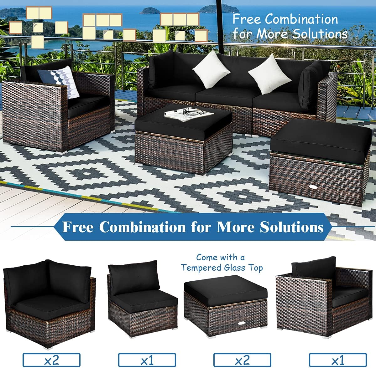 DORTALA 6 Pieces Patio Rattan Sectional Furniture Set, Outdoor Wicker Conversation Set, All Weather PE Wicker Sofa Set with Back and Seat Cushion for Backyard Couch Garden Poolside Balcony, Black