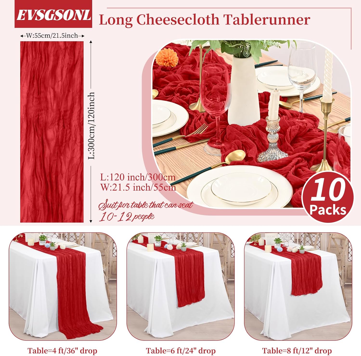 10 Pack Cheesecloth Table Runner Red,10 ft Gauze Table Runner Long Semi-Sheer Rustic Boho Table Runners for Wedding,Bridal Shower,Party,Banquet Decoration(21.5 x 120 Inch)
