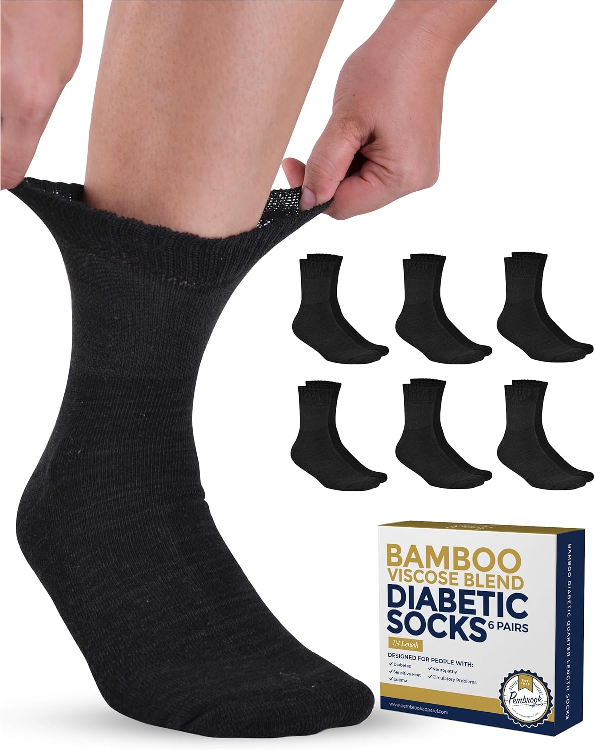 Pembrook Bamboo Viscose Diabetic Socks for Women & Men - 6 Pairs Ankle Socks for Swollen Feet | Neuropathy Socks | Ankle Neuropathy Socks for Men | Stretch Top Mens Diabetic Socks | Black