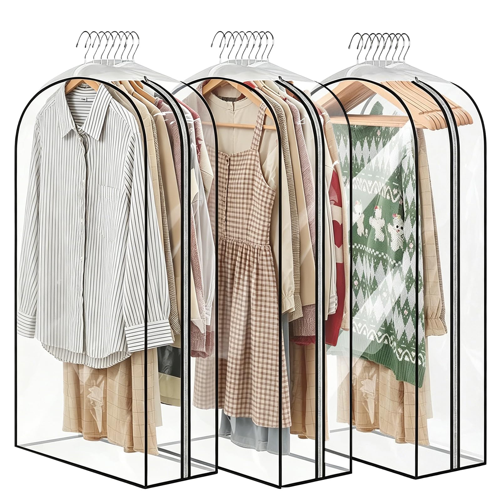 Clear Garment Bags for Clothes 60 x 102cm 3Pack, Breathable Clothes Covers with Zip, Hanging Storage Protector Bags for Wardrobe, Travel, Suitable for Suit, Jackets, Jumpers