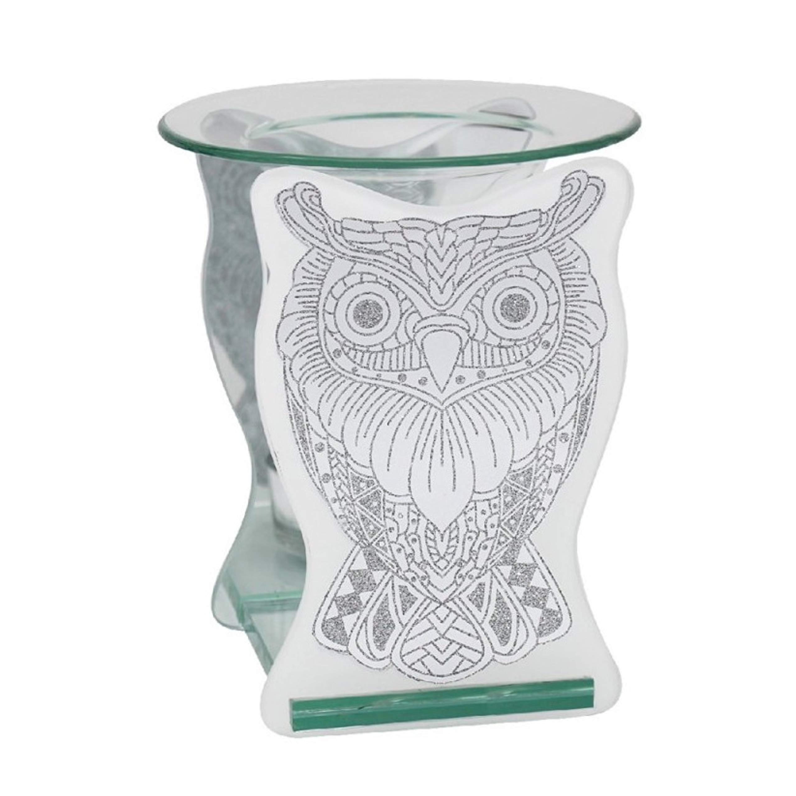 Lesser & Pavey Silver With Glitter Essential Oil Burner With Glass Owl, Aromatherapy Burner Fragrance Oil Warmer, 14Cm