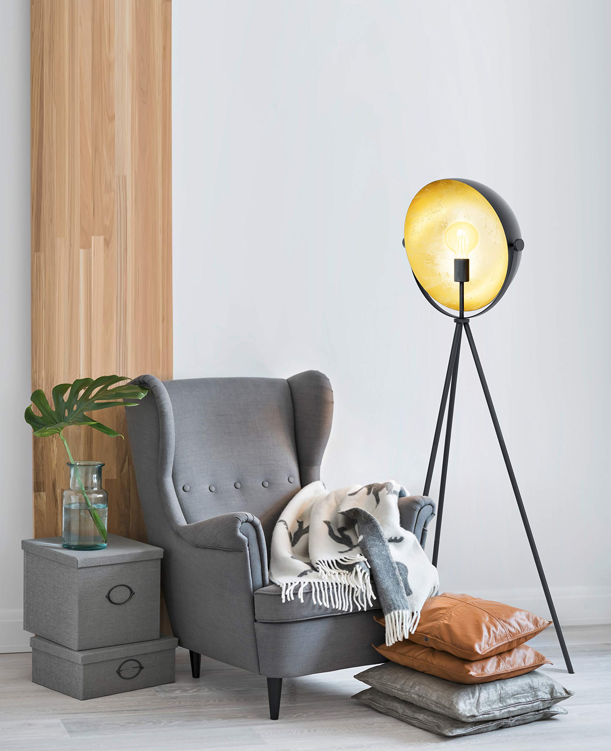 Eglo Stehlampe Darnius, 1-flammige Stehleuchte Industrial | Vintage, Standleuchte aus Stahl, Wohnzimmerlampe in Schwarz und Gold, Lampe mit Tritt-Schalter, E27 Fassung