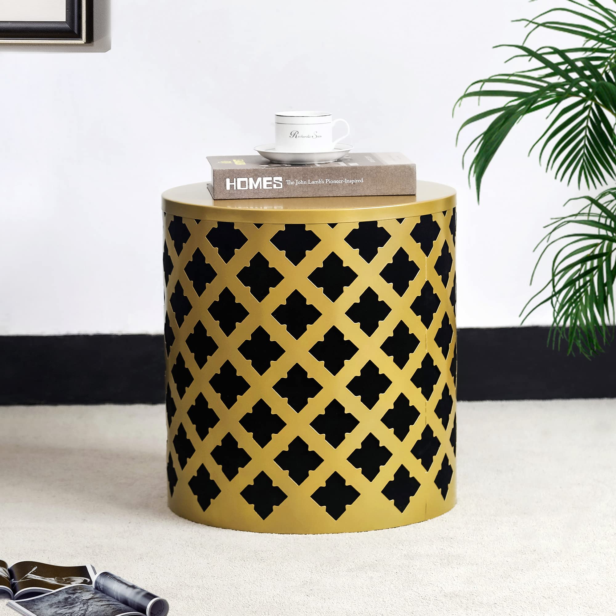 HomebeezMetal Accent Table, Decorative Round End Table Nightstand, Collage Cloth Coffee Side Table, Little Square