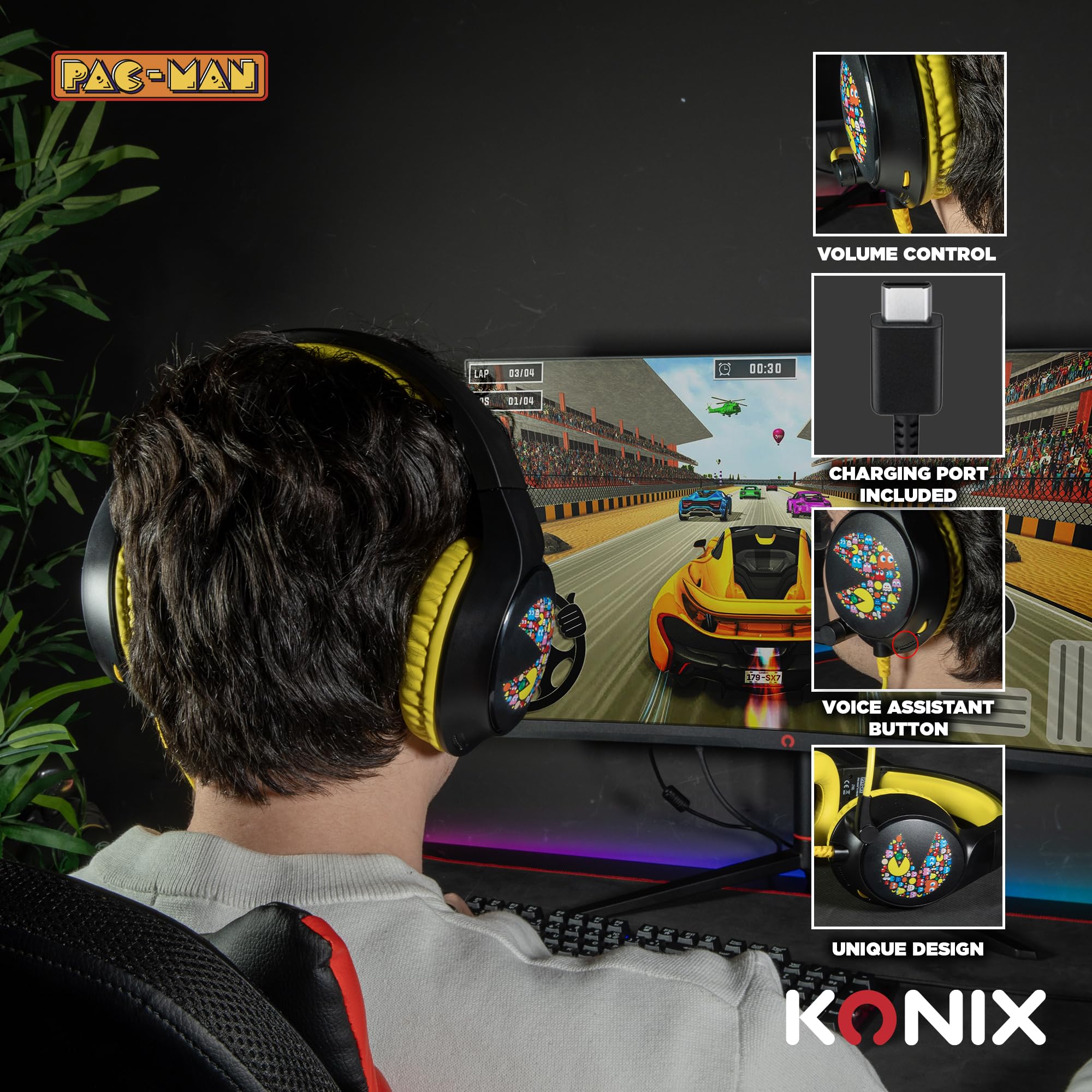 Konix Pac-Man Cuffie gaming circumaurali con cavo PC, PS5, Switch 2, Xbox Series X|S - Microfono 45° - Cavo 1,5 m - Jack 3,5 mm - Nero e giallo