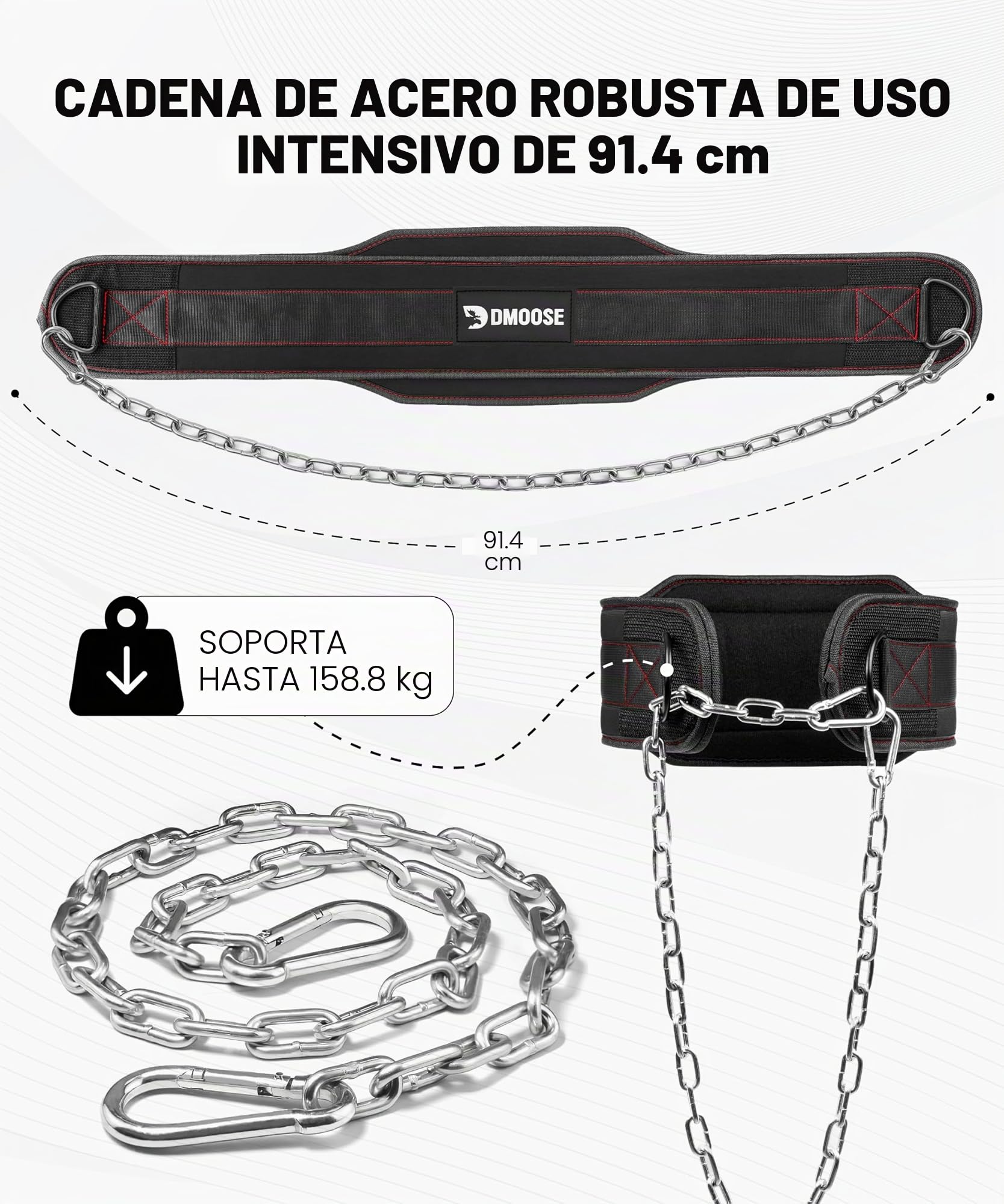 DMoose - Cinturón de inmersión con cadena de 36" de cadena de acero resistente, ajuste cómodo, doble costura, maximiza tus entrenamientos de levantamiento de pesas y culturismo