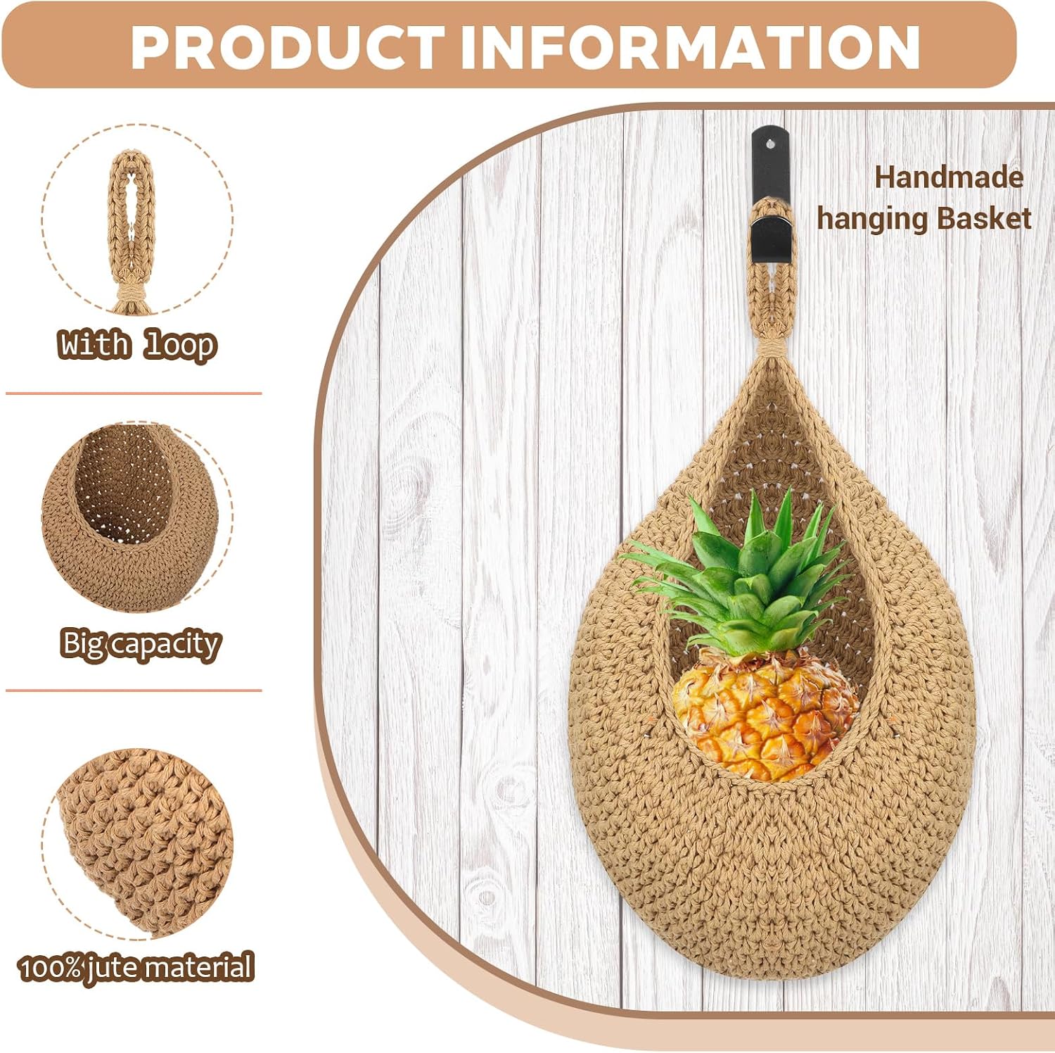 3 Pack Boho Wall Hanging Fruit Baskets, Woven Cotton Rope Hanging Storage Basket with 3 Hooks for Kitchen Vegetable Onion Potato Organizer, 3 Size