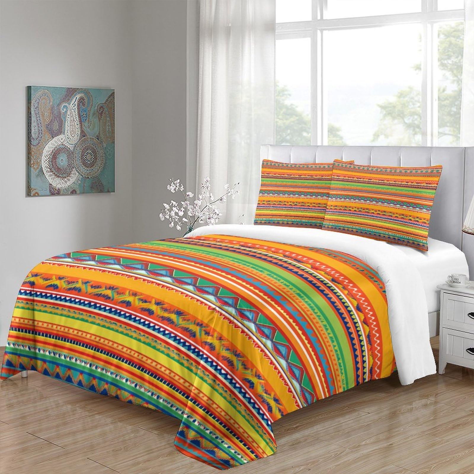 Ethnisches Muster 3-teiliges Pflegeleichtes Polyester BuntBohoStyle Kinderbettwäscheset, 2 Kissenbezug, Unsichtbarer Reißverschluss, Babysicher & Gifffrei King（220x240cm）