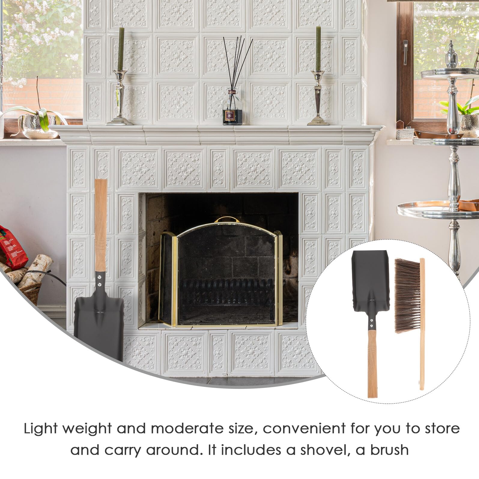 ULTECHNOVO Set Attrezzi per Caminetto Pala e Spazzola in Ferro e Legno, Accessori la Pulizia Domestica di Cenere, Impugnatura Lunga Ergonomica e Foro per Appendere, Multiuso per Stufa e Stufa