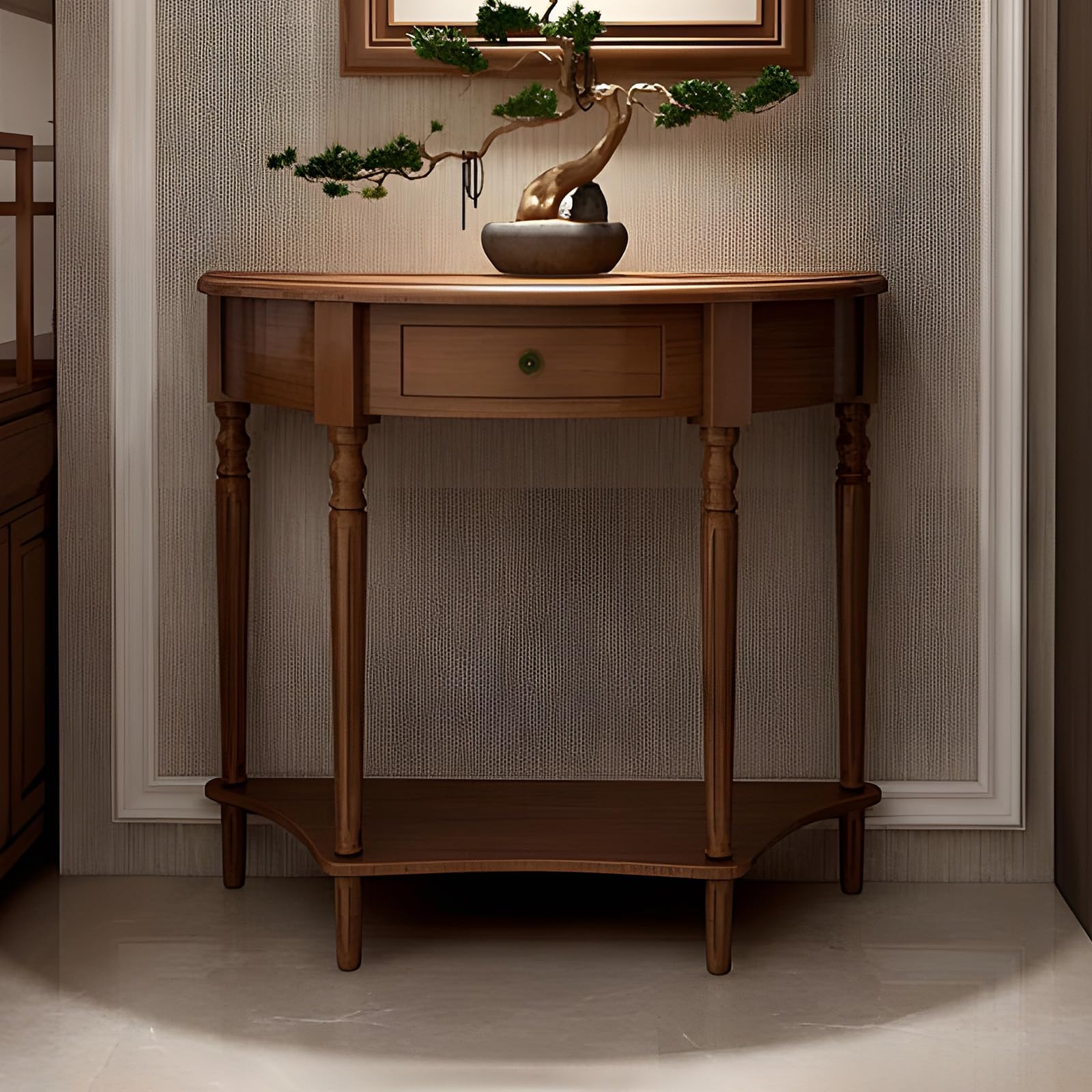 ORNDSDM Solid Wood Half Moon Console Table with Drawer – Entryway Accent Table with Storage for Living Room、Foyer、Bedroom or Hallway，Dark Walnut