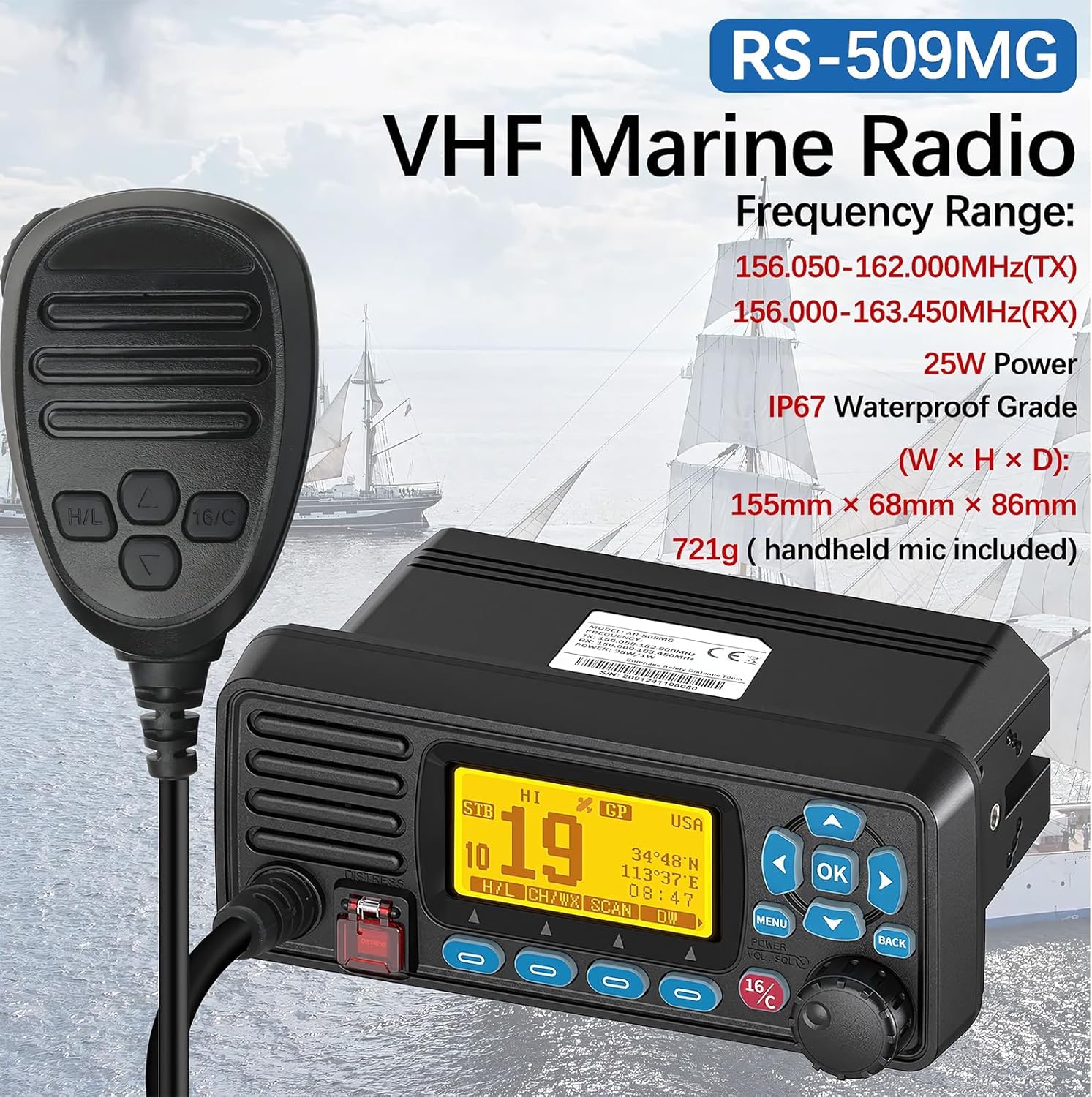 RS-509MG 25W 50KM VHF Transceiver Marine Transceiver IPX7 with Programming Cable Mobile Boat Walkie Talkie