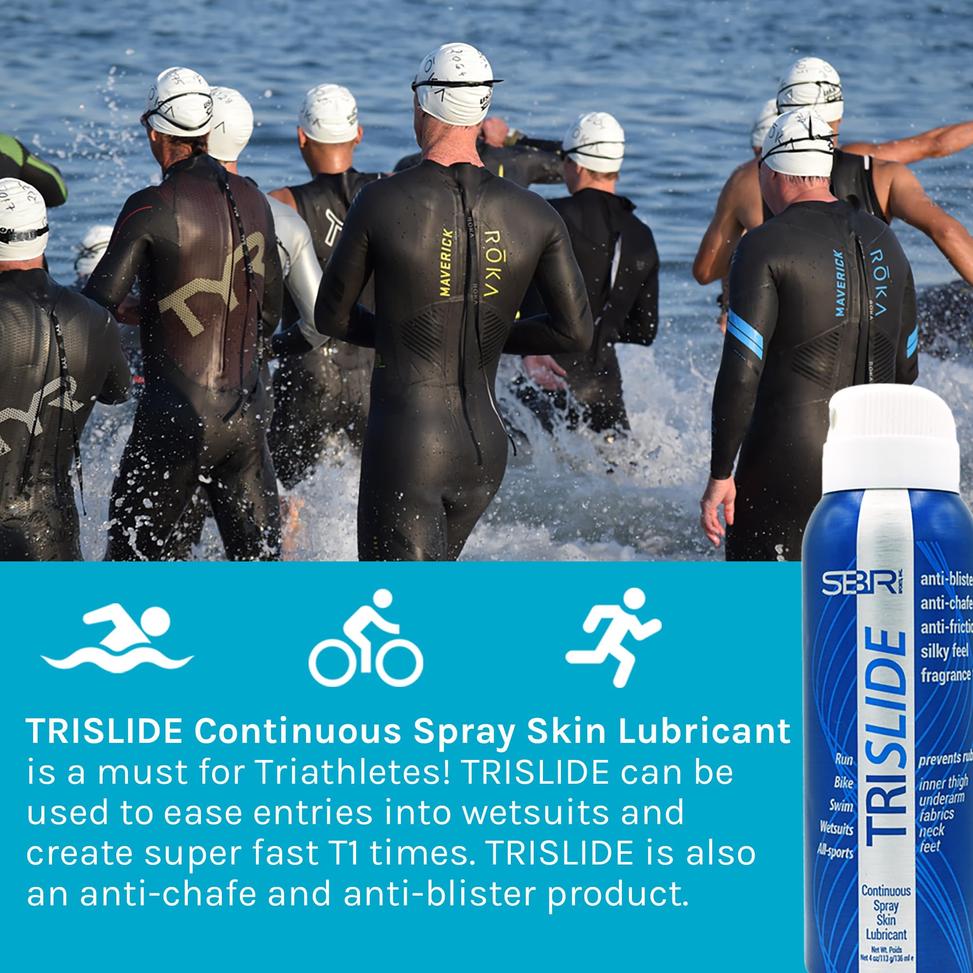 TRISLIDE Anti Scheuern Spray für Triathlon und Freiwasserschwimmen | Gleitmittel für Neoprenanzug, Wetsuit Spray gegen Reibung | Hilft beim schnellen An- und Ausziehen von Neoprenanzügen, 136 ml