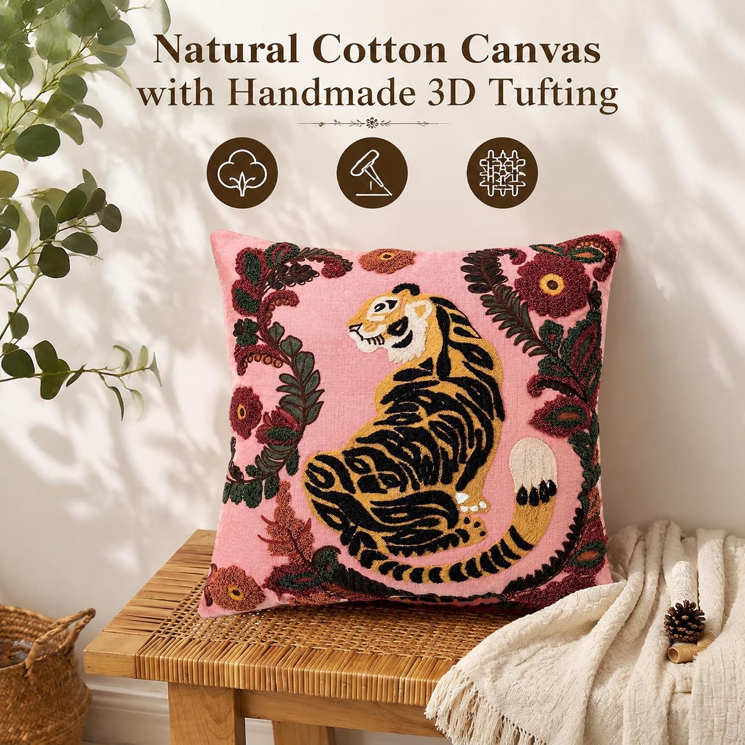 Embroidered Tiger Throw Pillow 20 x 20 Inch