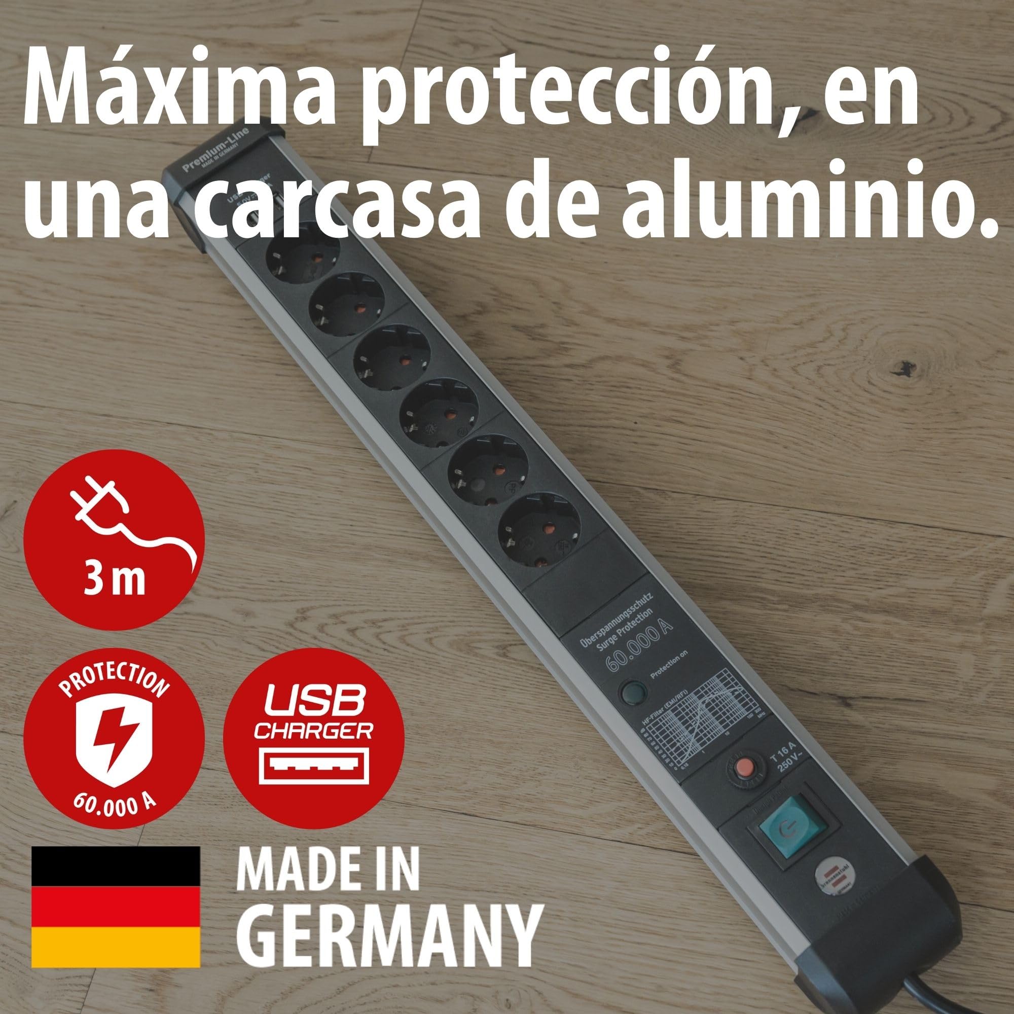 Brennenstuhl Premium-Protect-Line regleta enchufes con USB, 6 Tomas y protección contra sobretensiones (Cable de 3m, 2X Carga USB 3.10A, Interruptor, Fabricado en Alemania) Plateado/Negro