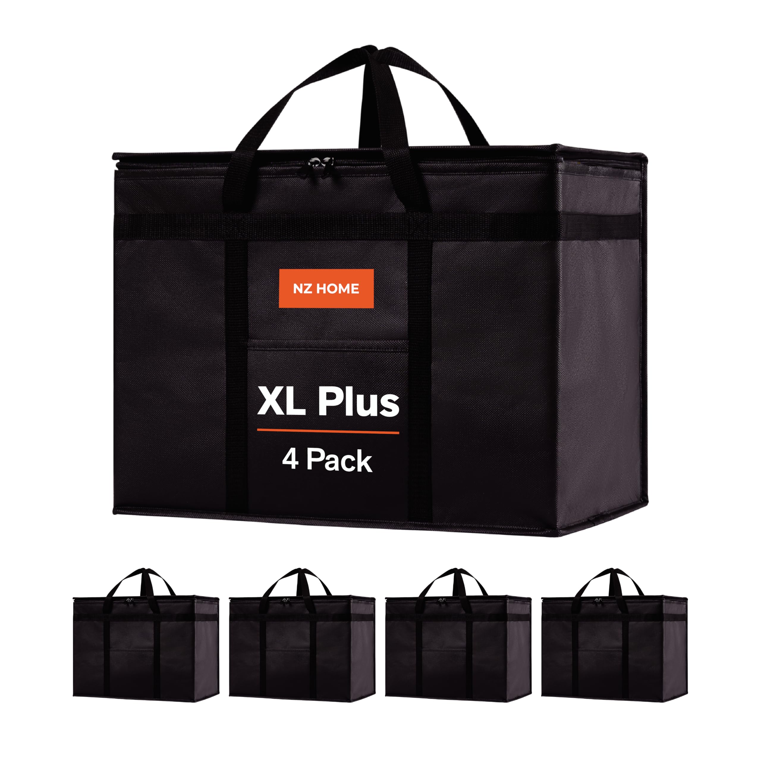 NZ home Insulated Food Bag, Portable Cooler Tote (XL Plus, Black, 4 Pack)