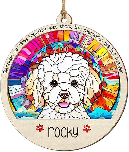 Adorno conmemorativo de cristal de imitación para perro, adorno conmemorativo de atrapasoles conmemorativo de raza con nombre de perro, Bichon Frise