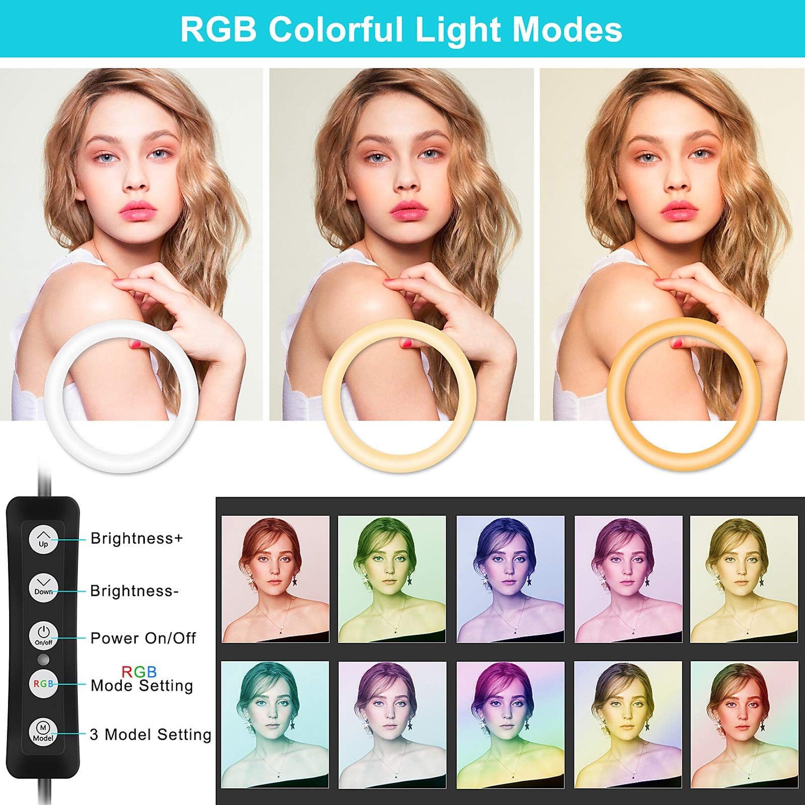 Luce ad Anello dimmerabile RGB 10 Pollici, Luce ad Anello Flash a 14 Colori con Supporto per treppiede e Supporto per Telefono, per Video Youtube, Live Streaming, Trucco, per iOS e Android