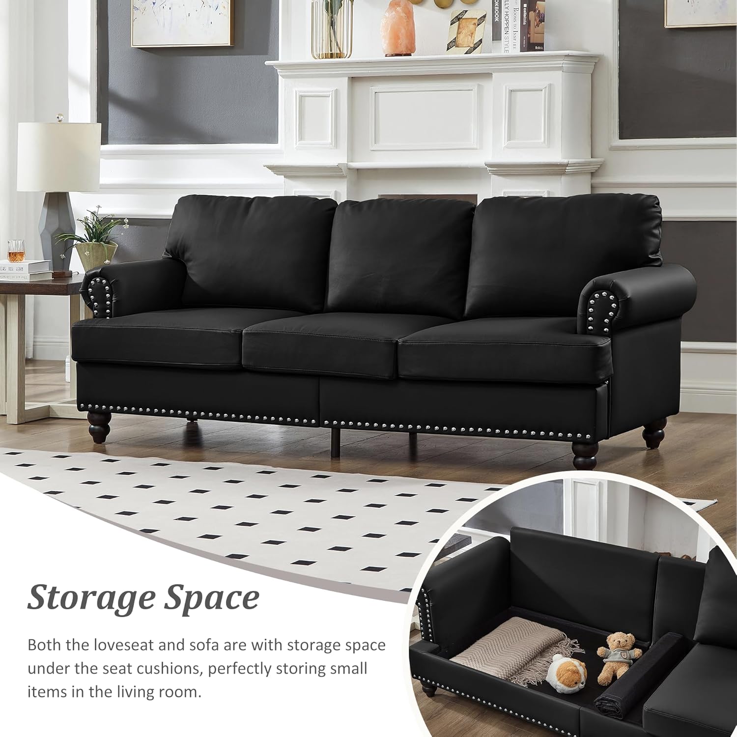 Harper & Bright Designs Classical 3-Seater Sofa with Storage, Silver Nailhead Trim and Wood Legs, 3 Seat Imitation Cowhide Leather Living Room Sofa Couch