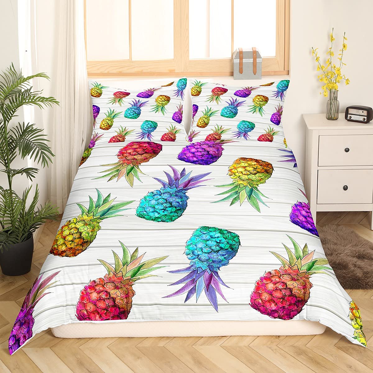 Homemissing Pineapple Bedding Set Cute Tropical Fruit Comforter Cover for Kids Boys Girls Summer Fresh Pineapple Duvet Cover Wooden Plank Bedding & Linen Bright Colorful Bedding & Linen King Size - Image 3