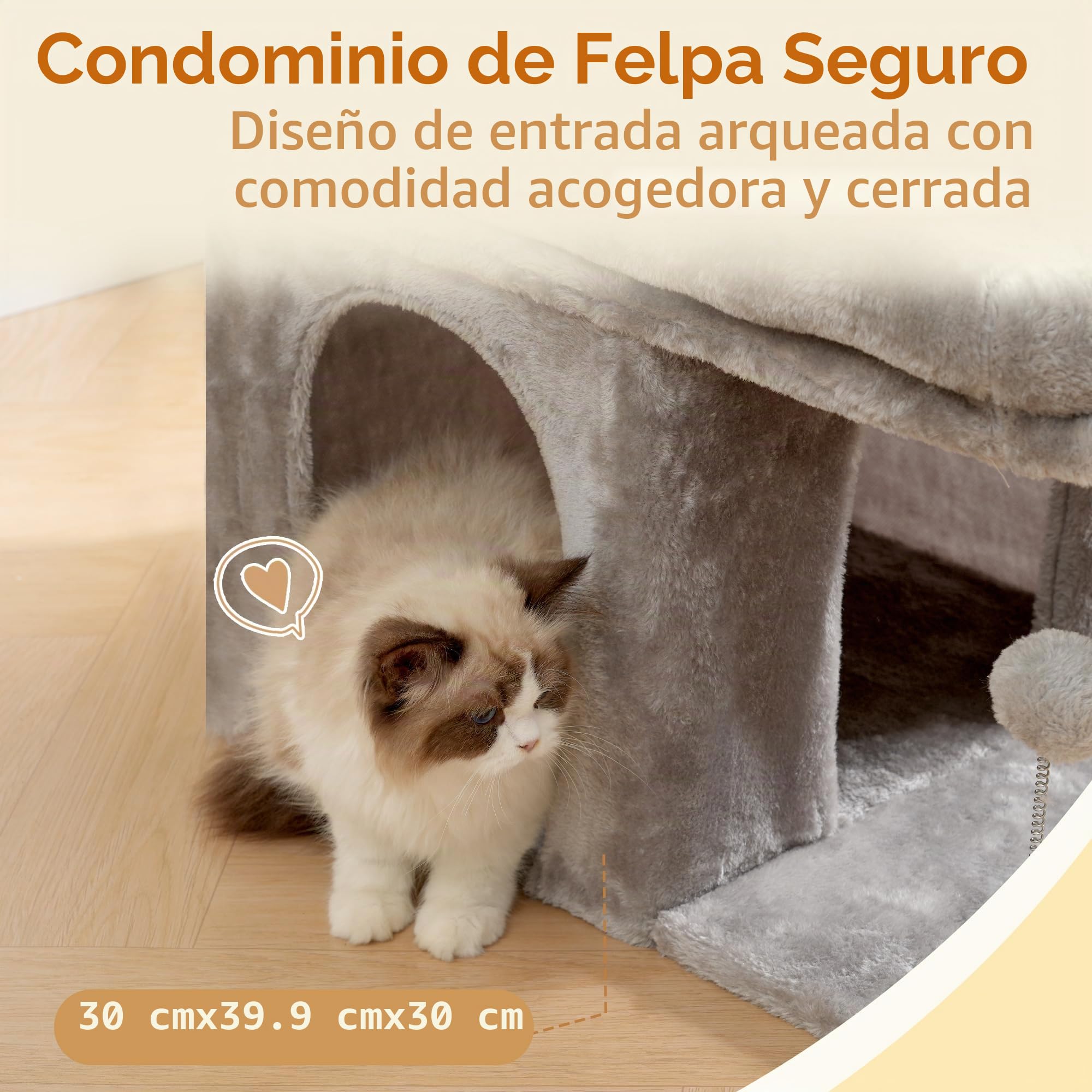 Heybly Rascador para Gatos, Árbol para Gatos de 35 cm con Amplia Plataforma y Acogedora Casita, Adecuado para Gatos Adultos, con Tablero de Sisal y Pelota de Felpa, Gris Claro HCT203SW