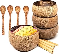 Vista 6 de Rainforest Bowls Juego de 2 cuencos de coco jumbo "Palm", 2 cucharas de madera y 2 pajitas de bambú reutilizables, 100% naturales, tallados a mano