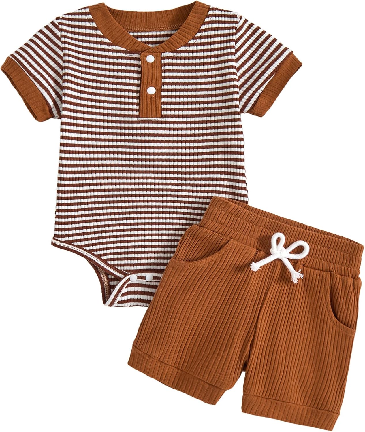 Baby Boy Outfits Ribbed Short Sleeve Striped Romper Top Solid Shorts with Pocket Baby Boy Summer Clothes 0-18M