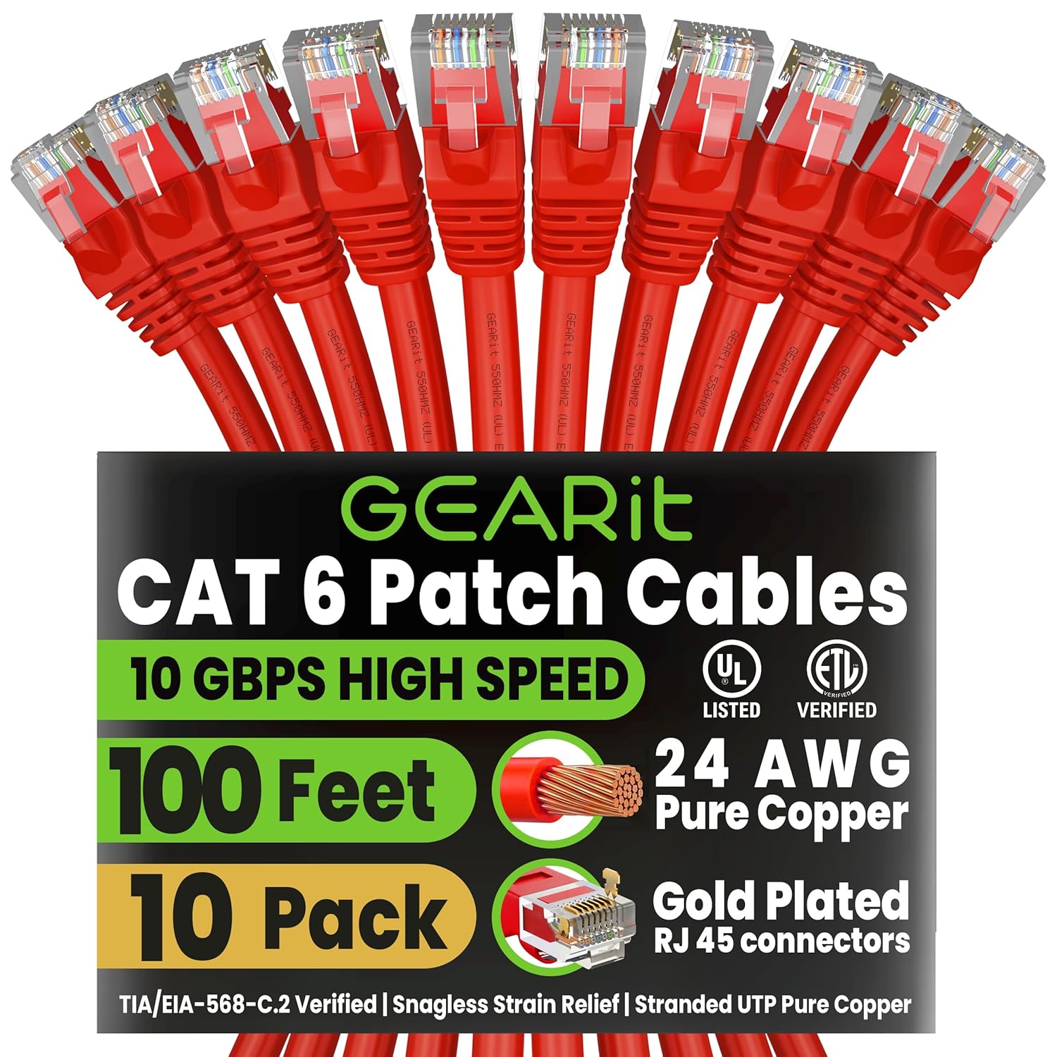 GEARit Cat 6 Ethernet Patch Cable 2 ft Red (10 Pack) Cat6 Patch Cables 2ft Red/Ethernet Patch Cable, 10Gbps 550MHz 24AWG Pure Copper, Snagless, Gold Plated RJ45 for Router, Server, Router, PC