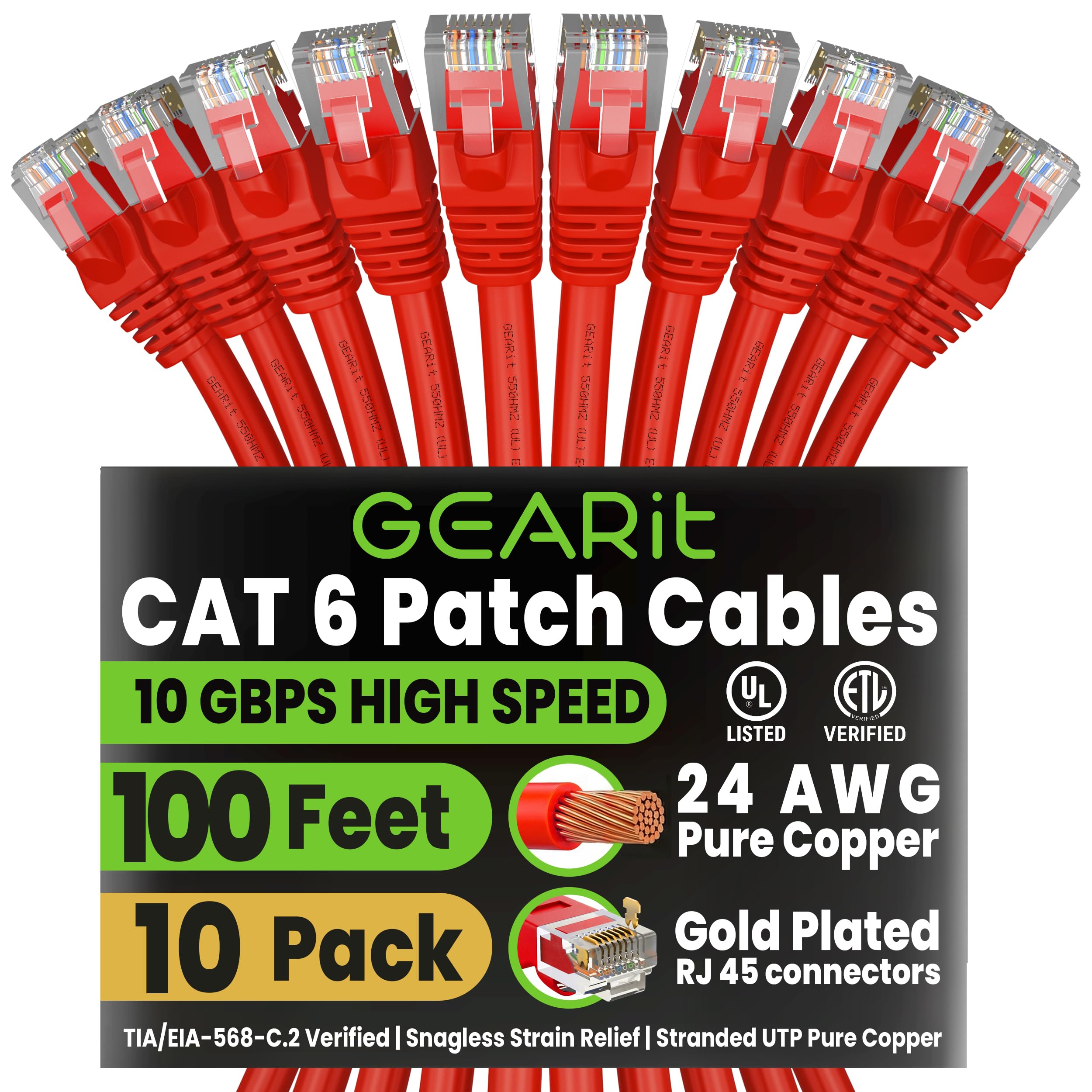 Gearit 0,5 mètres Cat 6 Câble Ethernet Cat6 Snagless Patch réseau LAN – Ordinateur Cordon, Rouge [Garantie à Vie] 2 Feet (10-Pack) Red