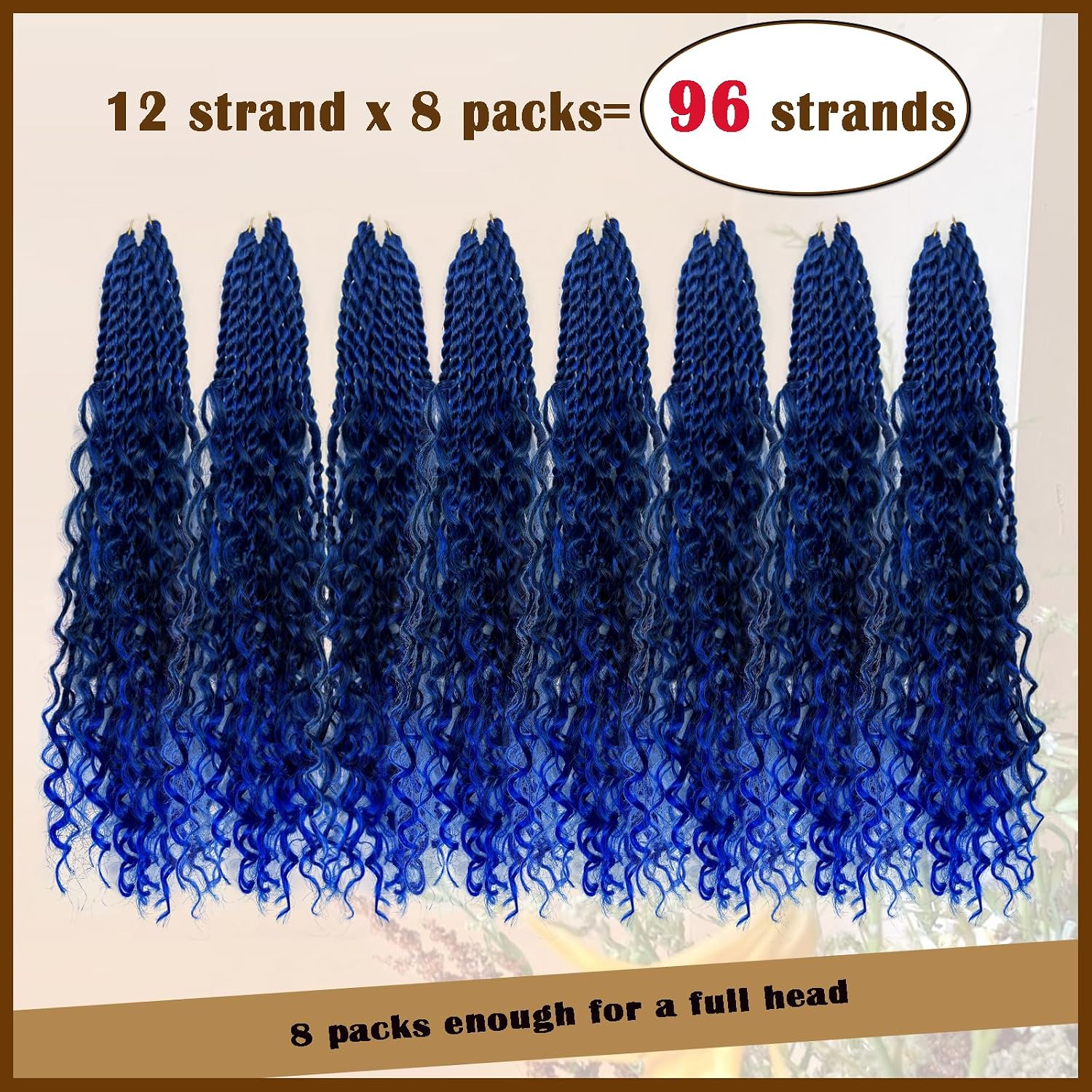 Boho Island Twist Crochet Hair - 8 Packs 18 Inch Blue Boho Senegalese Twist Crochet Braids with Curls，Pre-Twisted Goddess Senegalese Twist for Black Women（18inch T1B/Blue#）