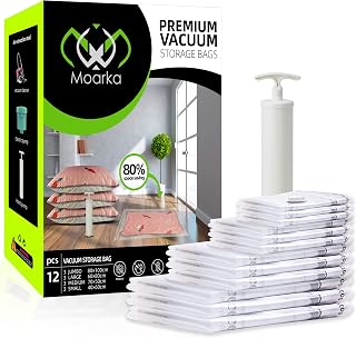 Vacuum Storage Bags - 12 Pcs Travel Compression Bags (3 x Jumbo, 3 x Large, 3 x Medium, 3 x Small) Clothing Storage Bags with Hand Pump for Mattress, Bedding, Blanket, Duvet, Pillows, Comforters, Rug