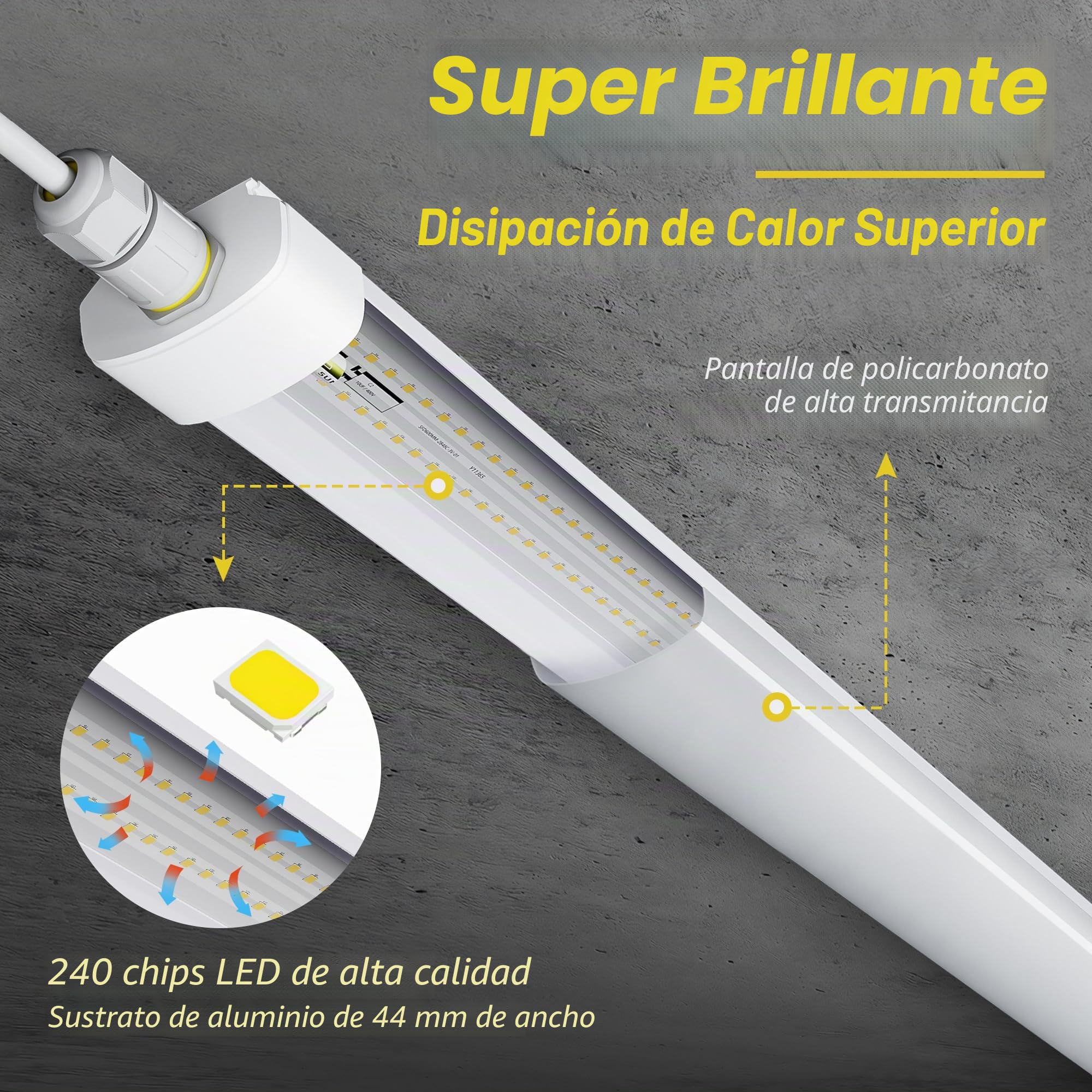GeyouLux Fluorescente LED 150cm Plafon, 60W 7560lm 5000K IP65 Estanca Tubo, Sin Parpadeos Pantalla LED, Con Cable de Puesta a Tierra y Conexión en Serie, 240 LEDs para Taller Garaje Cocina, Blanco
