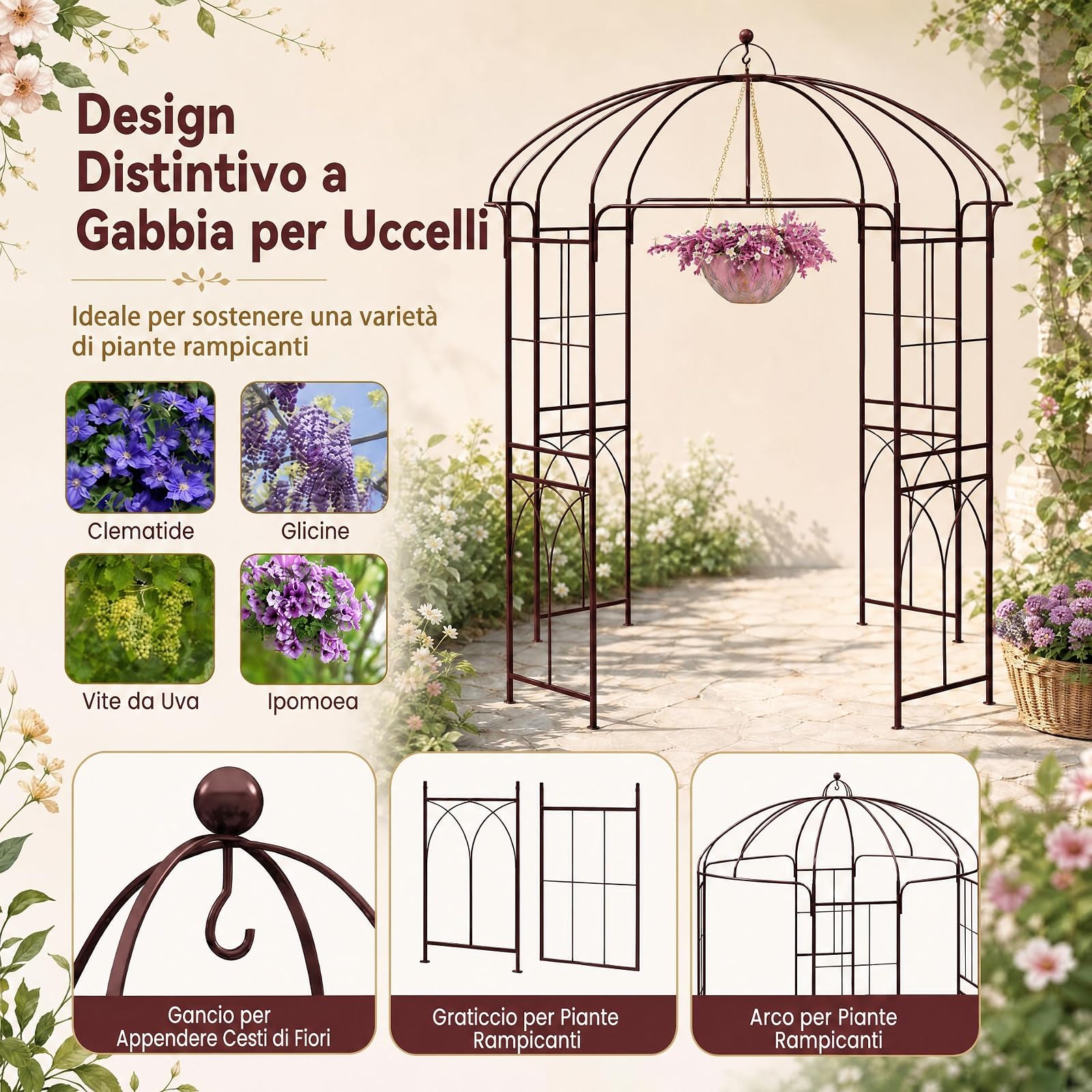 GYMAX Arco per Rampicanti, Pergolato da Giardino in Metallo
