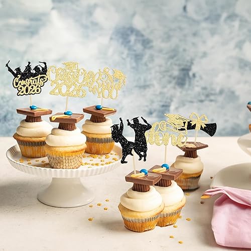 Miniatura 6 de Gyufise 24 piezas 2025 temáticas de graduación 2025 decoraciones para cupcakes con purpurina para diploma de graduación, selecciones de cupcakes