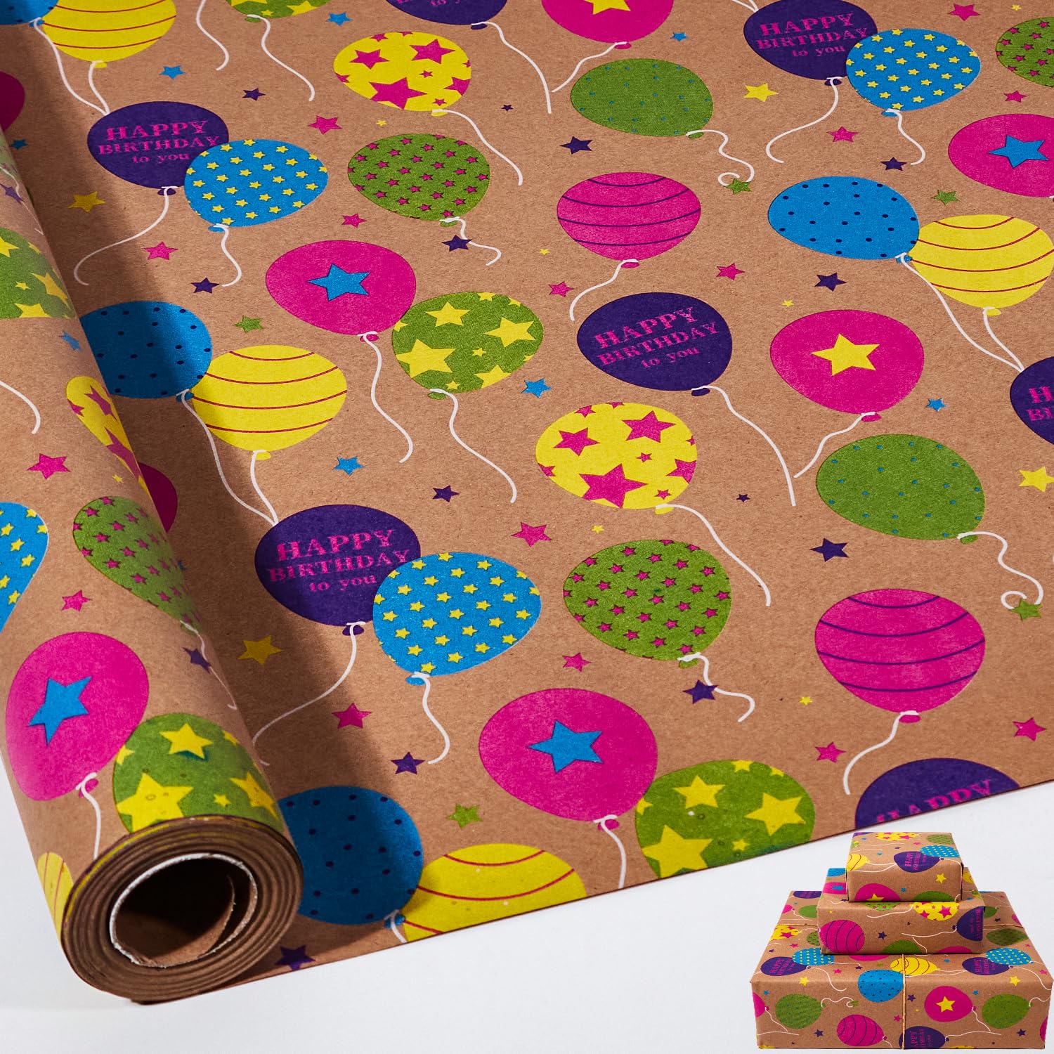 HBell Birthday Wrapping Paper Roll,43cm*10m Birthday Gift Wrapping Paper,Colored Kraft Gift Wrap Paper for Birthday,Christmas,Baby Shower,Party,Festive Decorations (balloon)