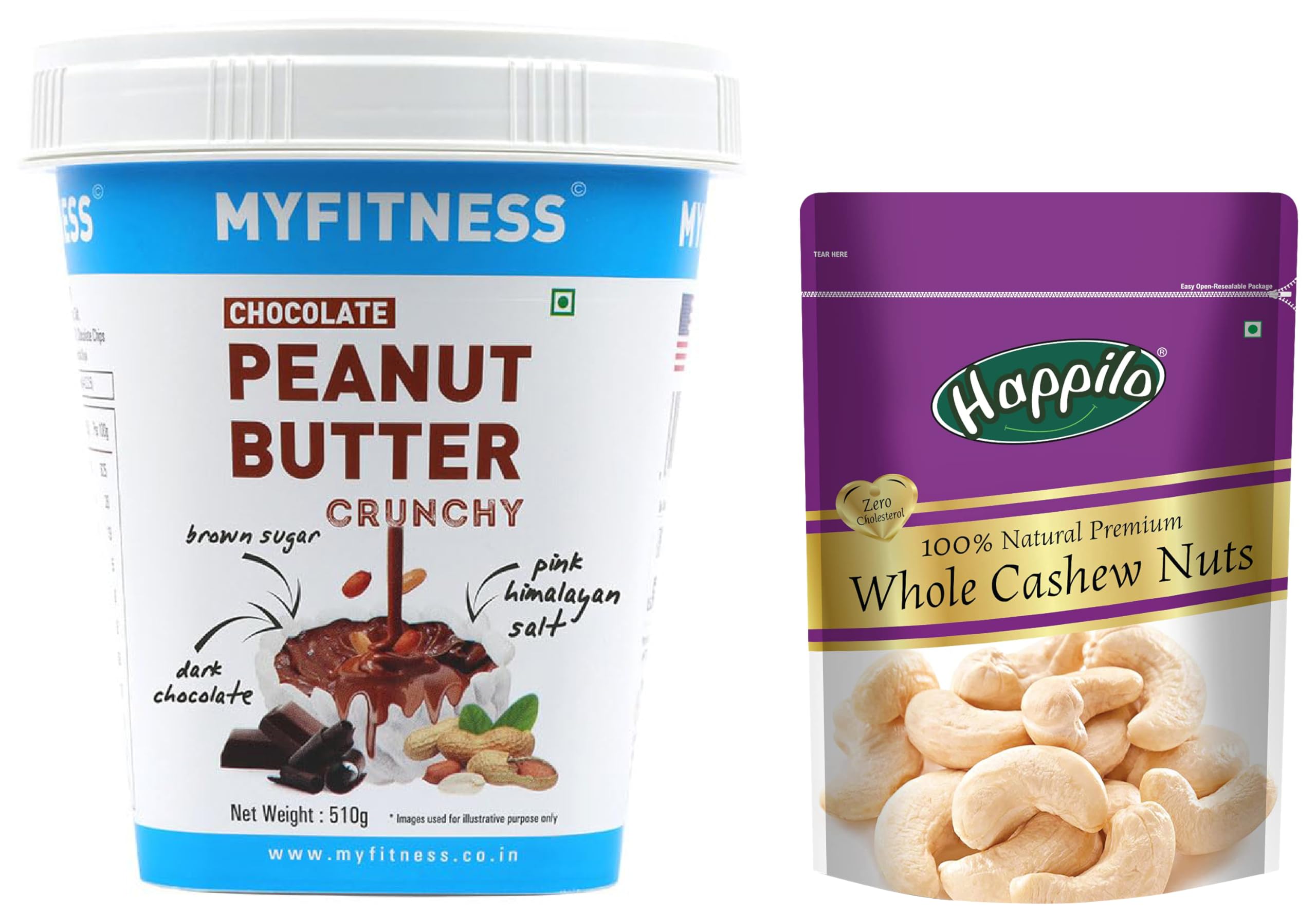 MYFITNESS Chocolate Peanut Butter Crunchy 510Gm | 23G Protei & Happilo 100% Natural Premium Whole Cashews, 200 G (Pack Of 1)
