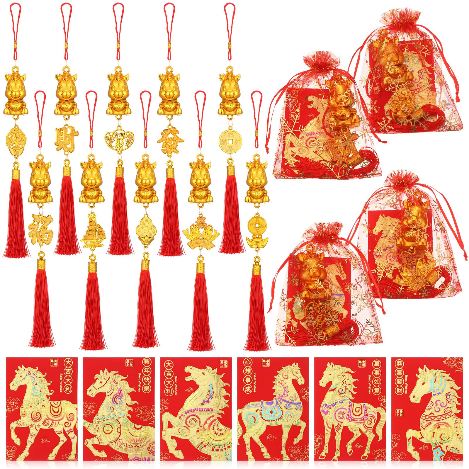Kenning 30 Set Chinese New Year Gift Chinese Red Envelopes with Good Luck Fortune Ornaments and Organza Bag 2026 Lunar New Year Decorations Horse Wealth Ornaments Horse Feng Shui Ornament with Bag