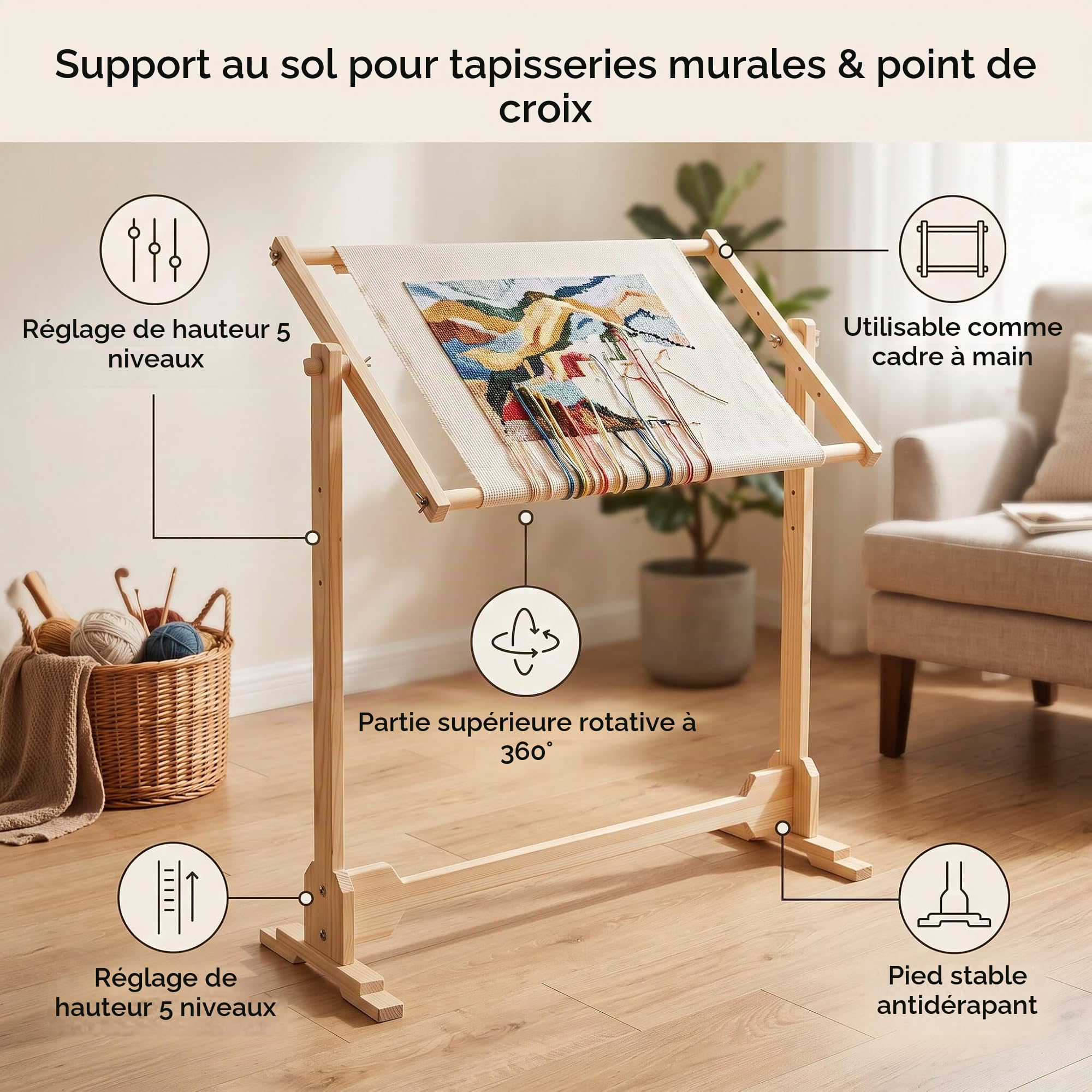 Support de broderie réglable en pin et PVC, Métier Grand Cadre de Broderie sur pied avec cadre à broder pour support de cadre de point de croix support pivotant 80 x 52 x 79 cm