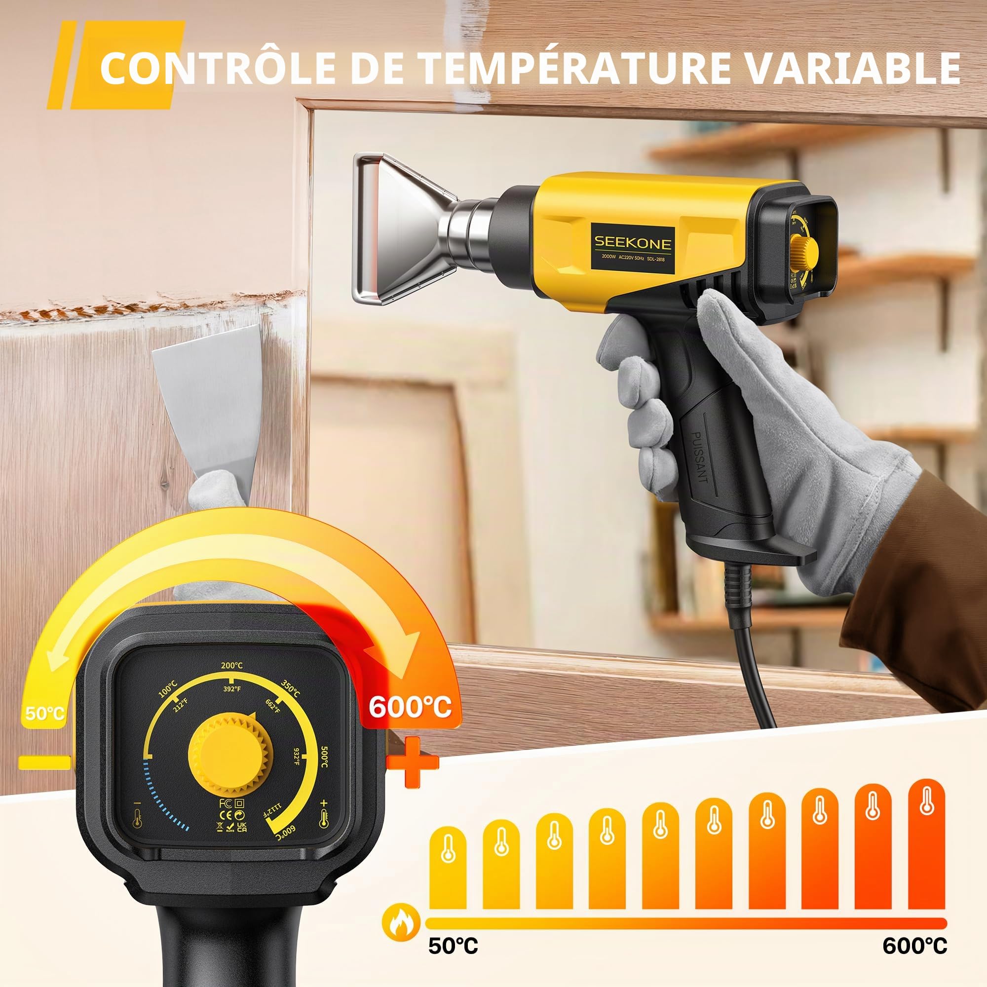 SEEKONE Decapeur Thermique 2000W Design Compact Pistolet à Air Chaud Robuste Contrôle de Température Variable 50-600℃ 1,5S Chauffage Rapide avec 4 Buses pour Travaux Manuels, Film Vinyle