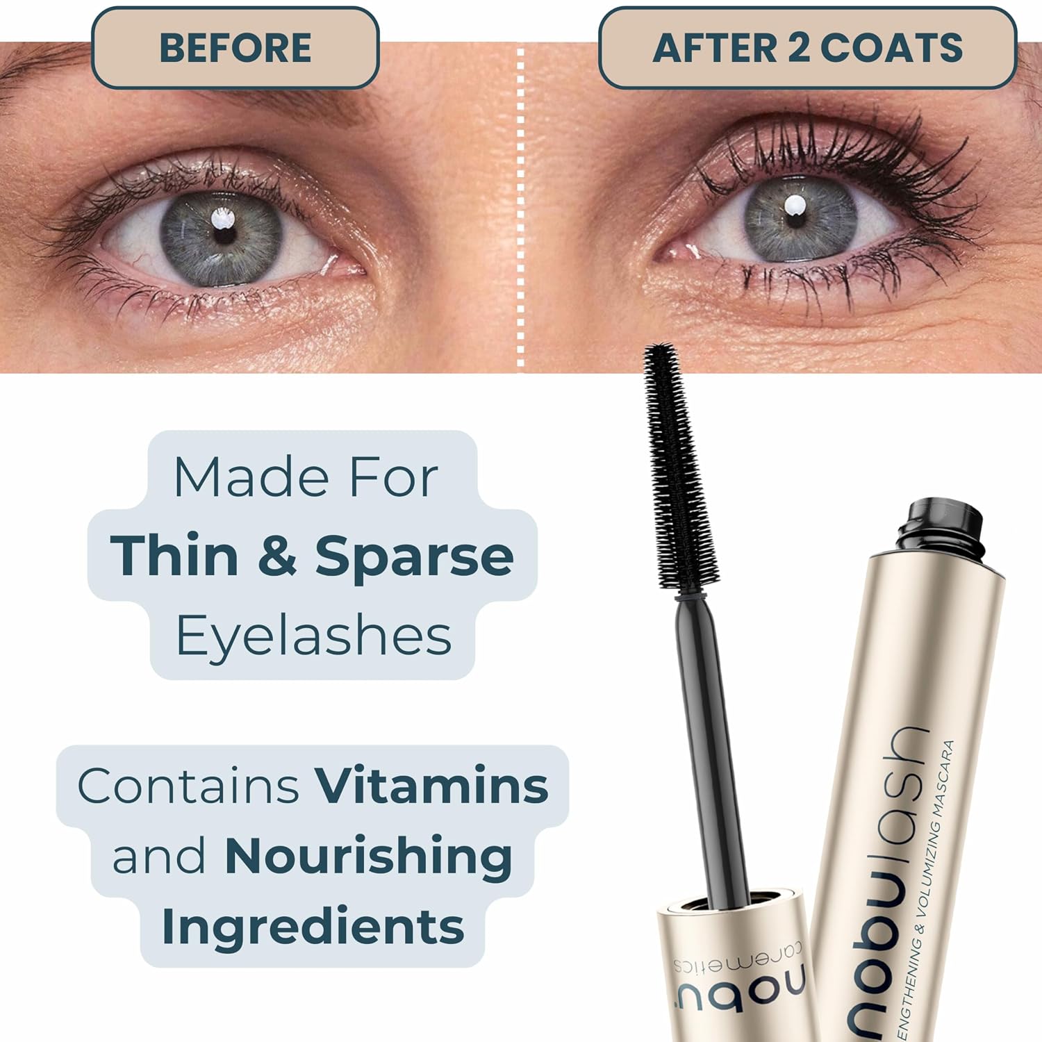 NobuLash Mascara for Older Women - Volumizing & Lengthening, Long-stay, Long-wearing, Hypoallergenic, NO CLUMPS, NO SMUDGES, Vegan, 2-in-1 Formula - Incredible Length in 2 coats (Dark Brown)