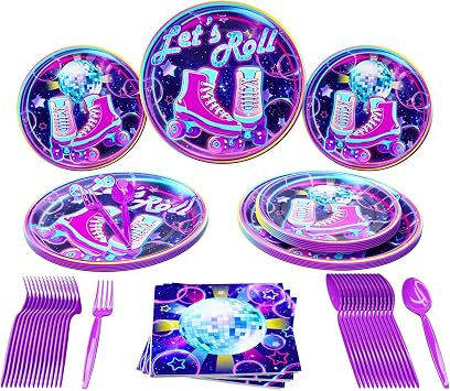 Roller Skating Party Supplies Packs 100 Pieces for 16 Guests - Roller Skating Party, 90s Party Supplies, Roller Skate Plates And Napkins, Skate Party Decorations For Girl, Blue Orchards
