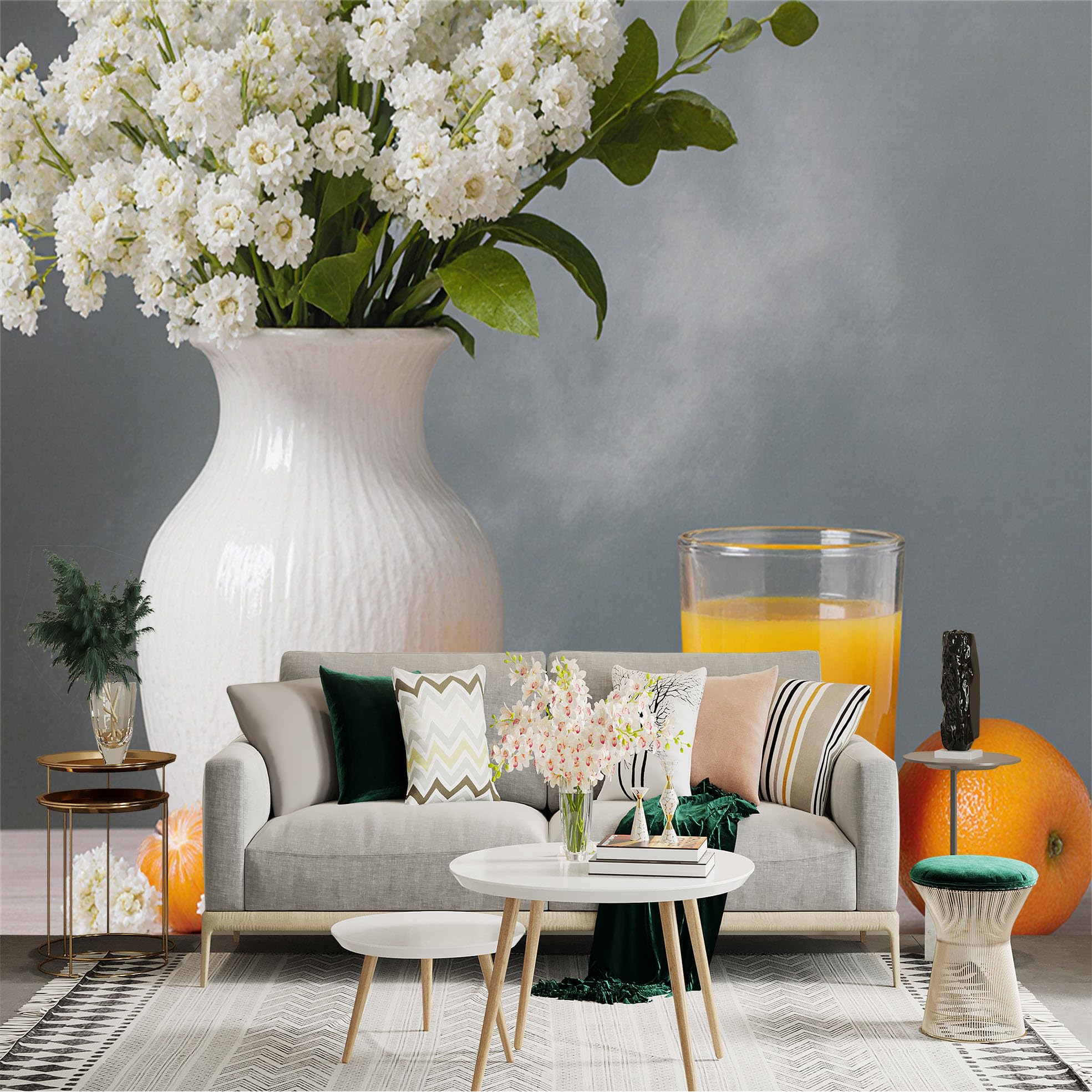 Custom Size Wall Sticker Mural， White Floral Bouquet in Vase， Fresh Orange Juice， Still Life Fruit， Modern Kitchen Decor， for wall Decoration， peelandstick wall Decals.