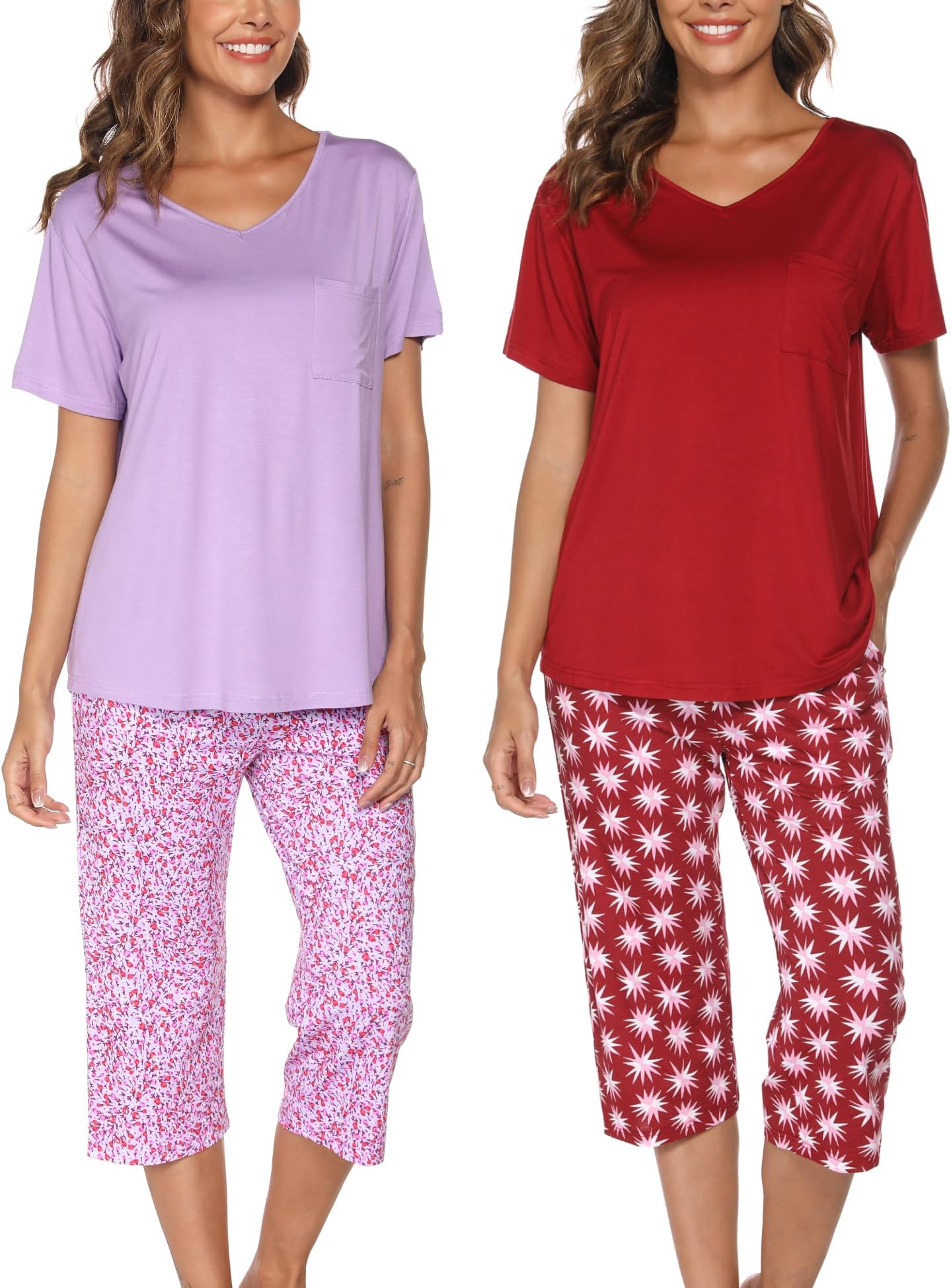 ENJOYNIGHT2 Pack: Womens Pajamas Short Sleeve Tops and Capri Pants Pjs Print Pajama Sets with Pockets