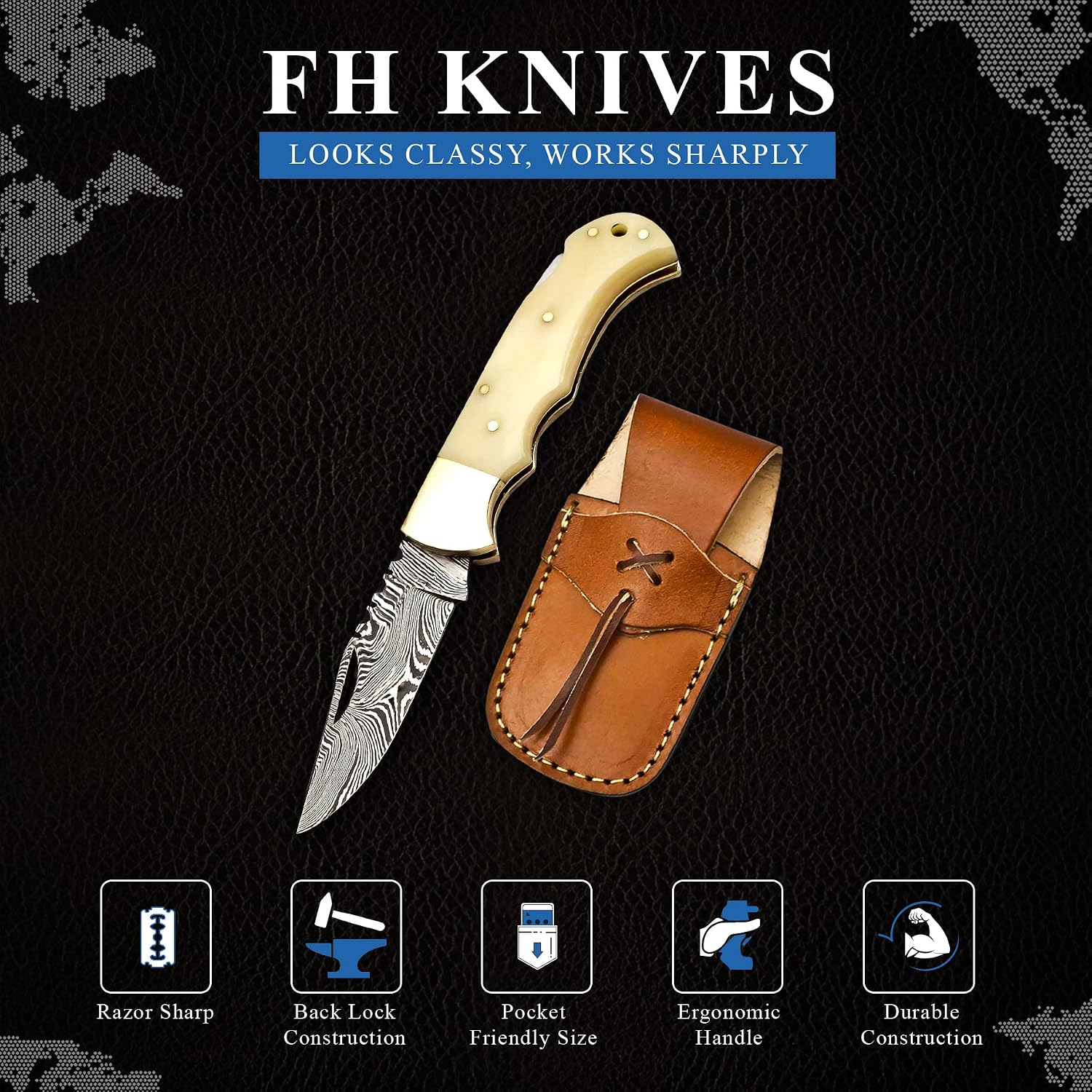 Set of 3 - Personalized Damascus Pocket Knife for Groomsmen With Leather Sheaths - Custom Engraved Pocket Knives | Groomsman Gifts for Wedding, Groomsmen Proposal Gifts