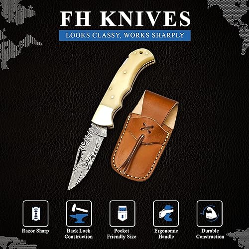 Miniatura 4 de FH KNIVES 6.5 Inch Handmade Damascus Pocket knife for Men Folding Knife with back lock Small Pocket knife for Camping Hiking Damascus folding knife