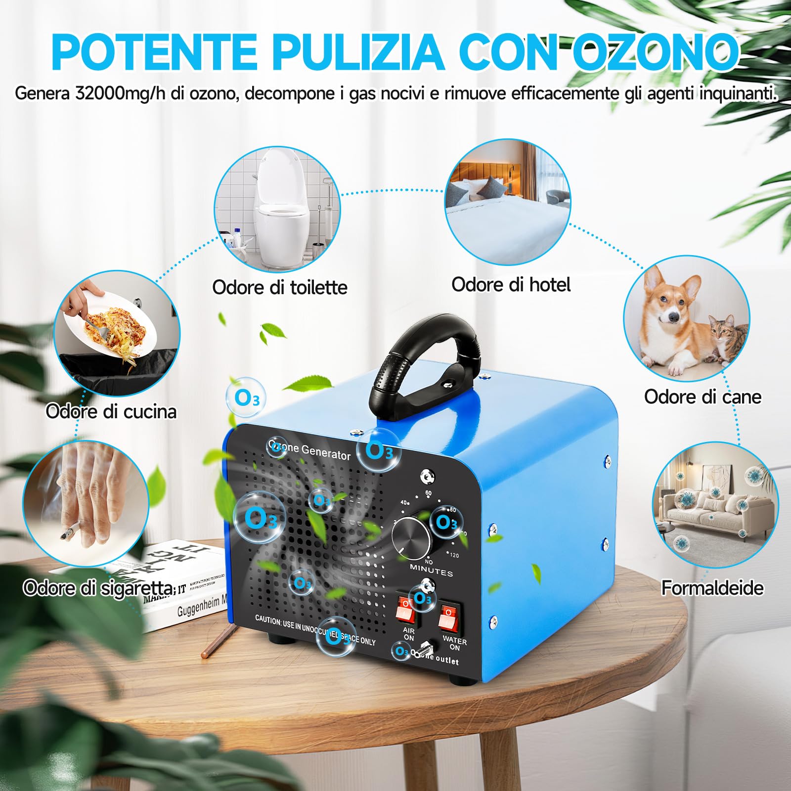 Generatore di Ozono, 32000 mg/h, Purificatore d'aria con 2 Modalità (Aria/Acqua), Ozonizzatore d'aria con Timer da 120 Min, per Stanze, Uffici, Garage, Auto, Fumo e Animali Blu
