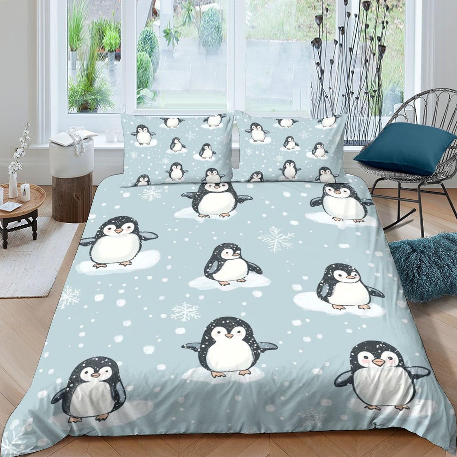 Ctjqhvkz Style-4 3D Printed Cute Penguin Fitted Sheet Microfiber Soft Blue Snowy Pattern Mattress Cover For Bedroom Dorm Room Decor Single（135X200cm）