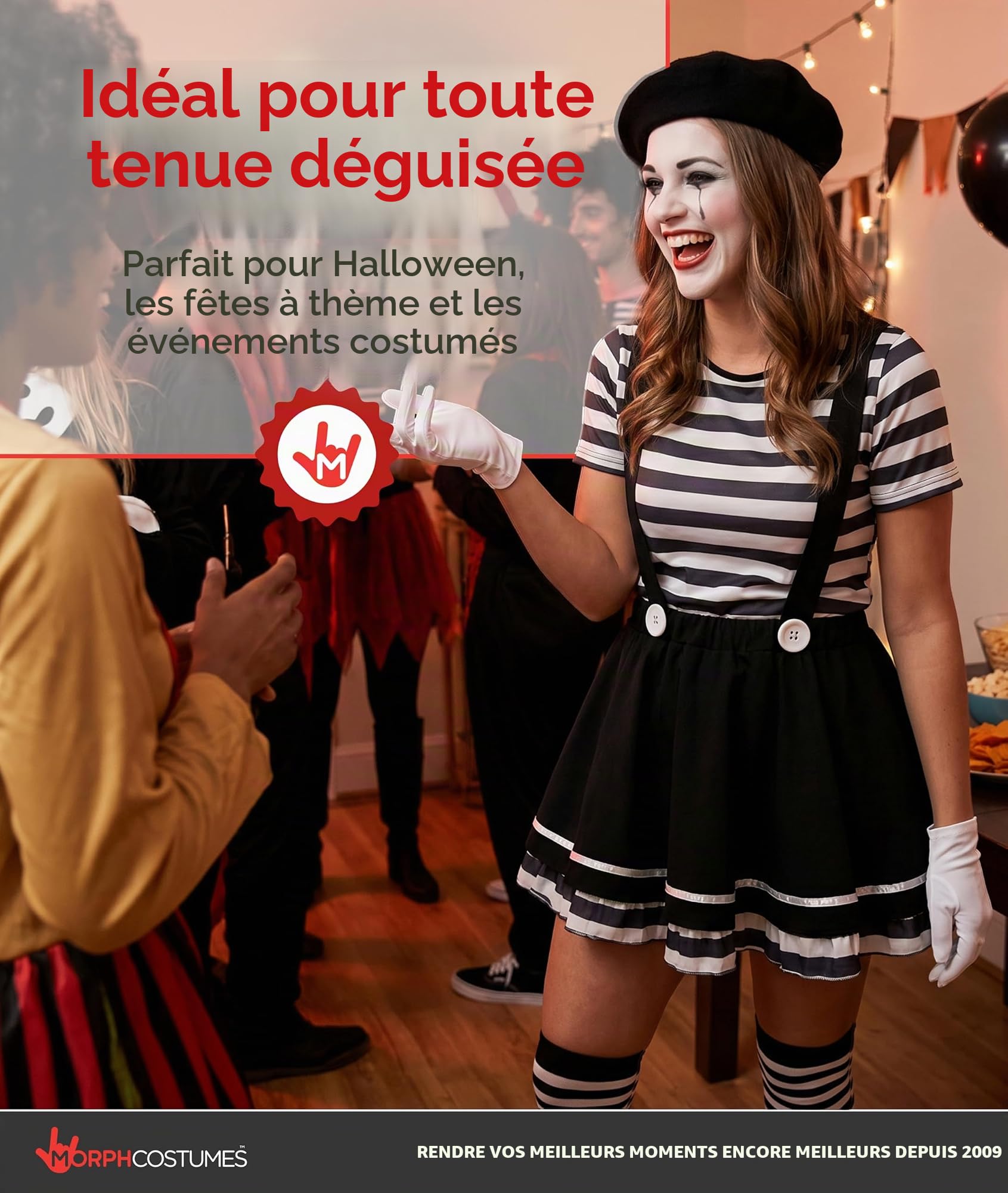 Fun Shack Deguisement Mime Femme, Costume Mime Halloween Femme, M | T-Shirt, Jupe à Bretelles, Chaussettes, Chapeau & Gants, Style Mime Français, Parfait pour Halloween, Idéal pour se Déguiser